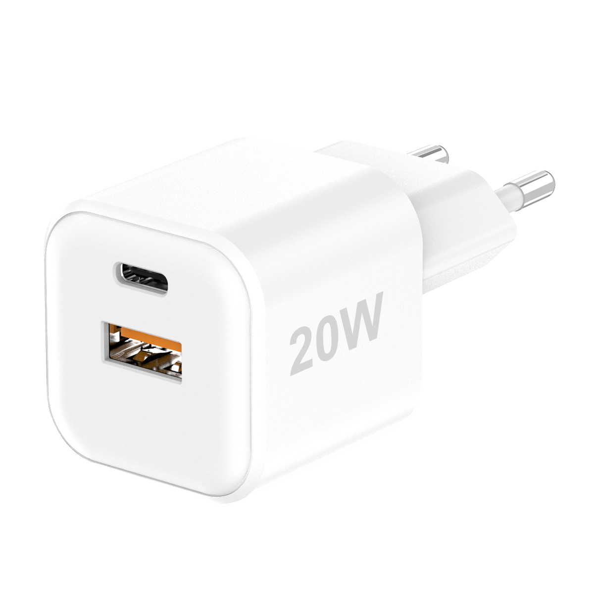 Weißes 20-W-Ladegerät mit USB-C- und USB-A-Anschluss. Das Ladegerät hat einen weißen Hintergrund.