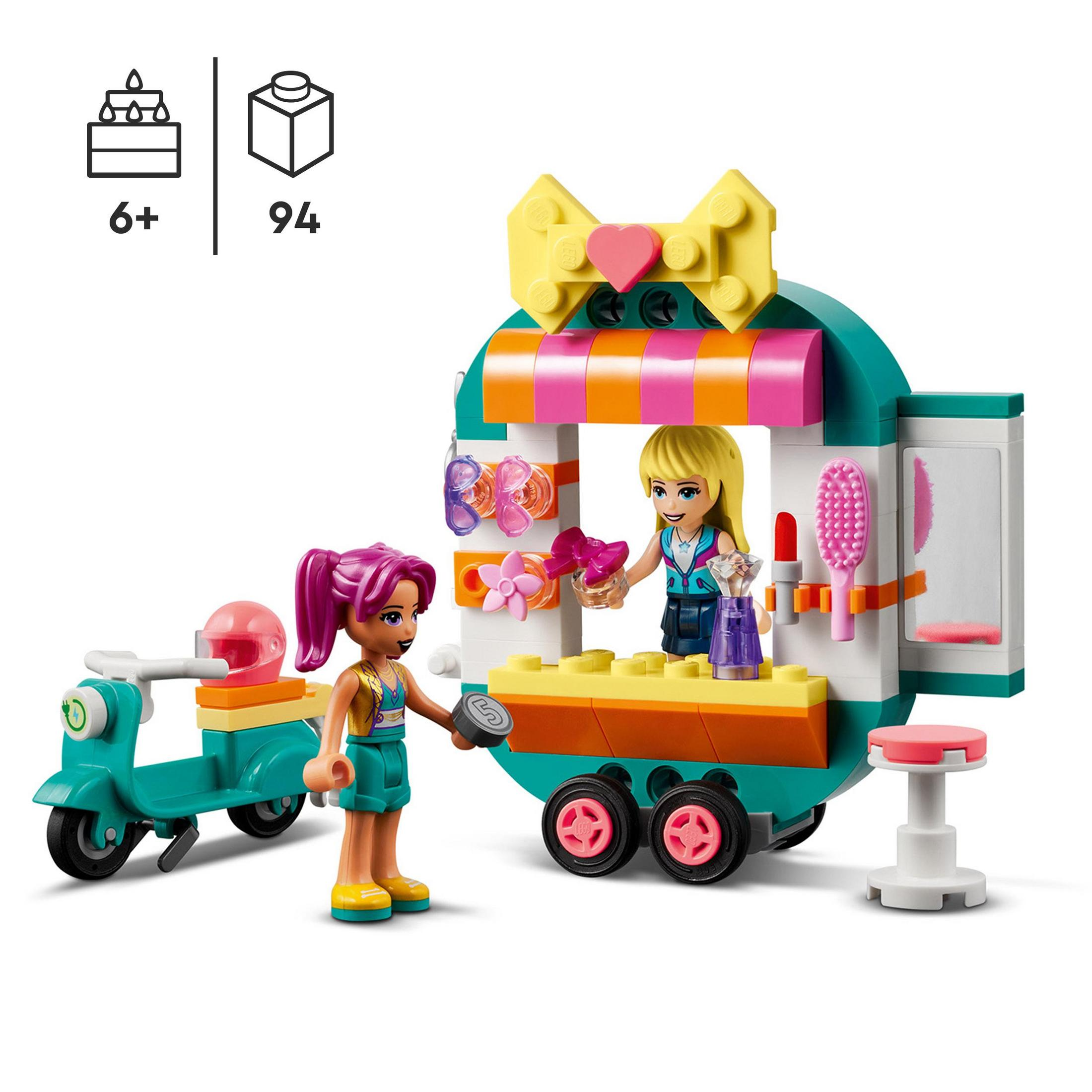 Set de Lego con dos figuras, una floristería y un scooter.