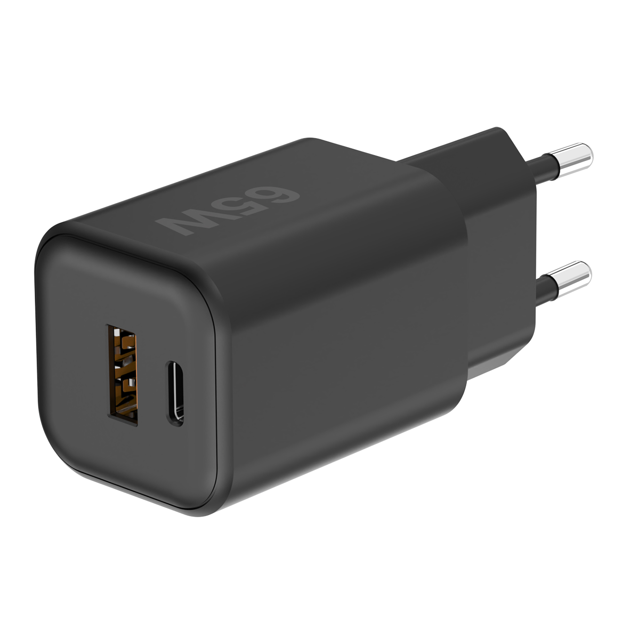 Ein schwarzes 65W-Ladegerät mit USB- und USB-C-Anschluss, mit zwei Steckern.