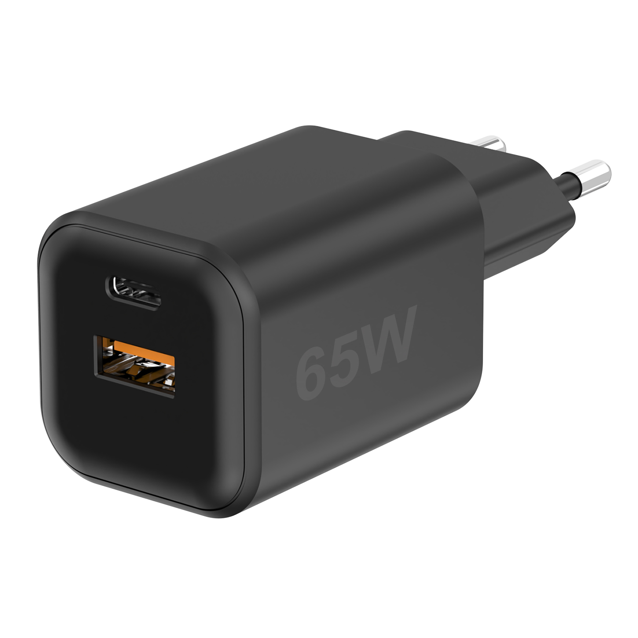 Schwarzes 65W-Ladegerät mit USB-C-Anschluss und USB-A-Anschluss.