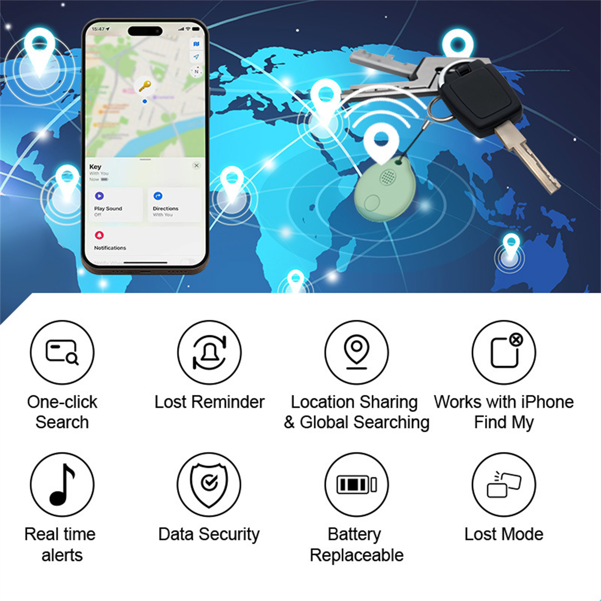 Schlüssel, Telefon mit Karte und Symbole für Funktionen wie Suche, Erinnerung und Sicherheit.