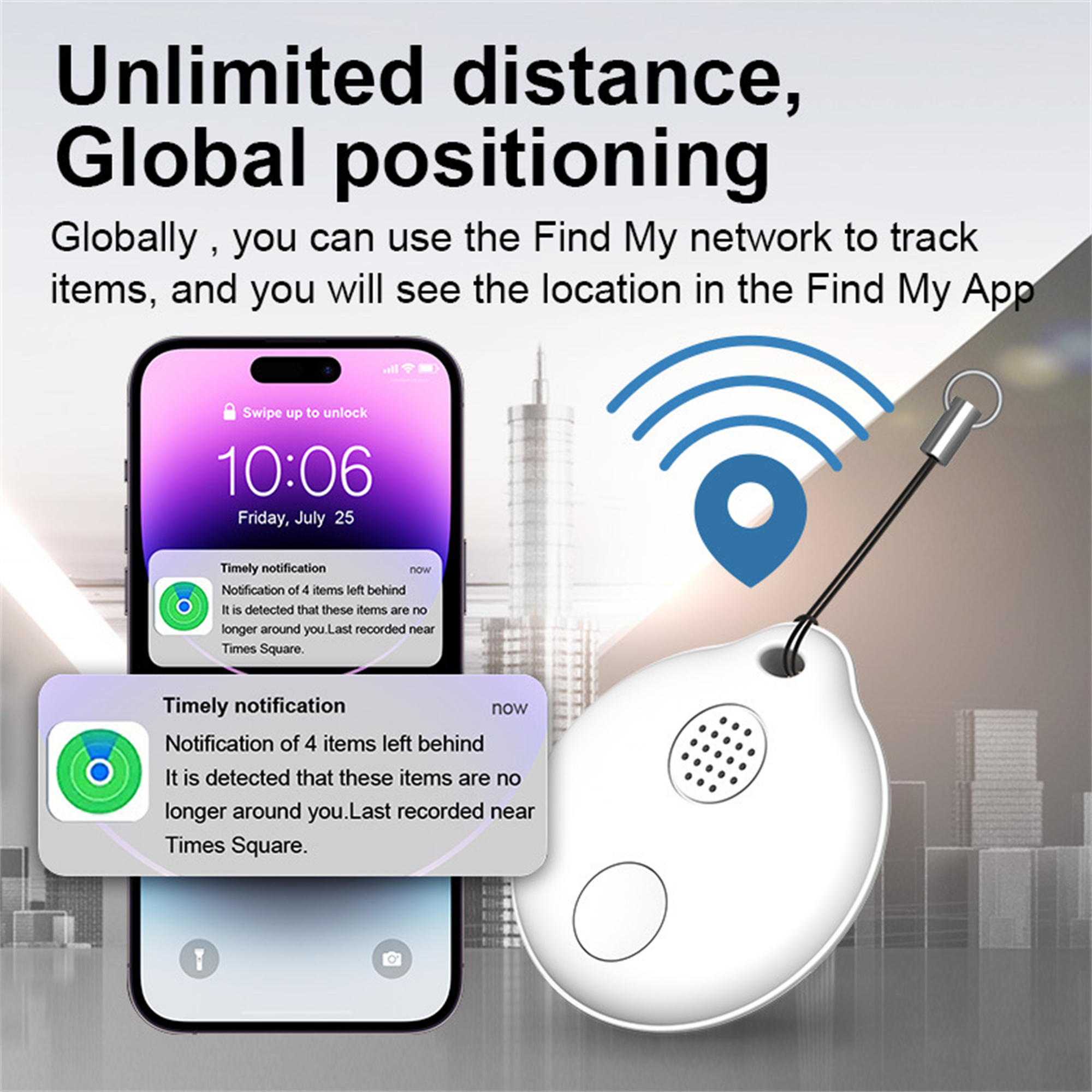 Smartphone mit Benachrichtigungen und ein weißes Ortungsgerät mit Schlüsselring. Text: Find My.
