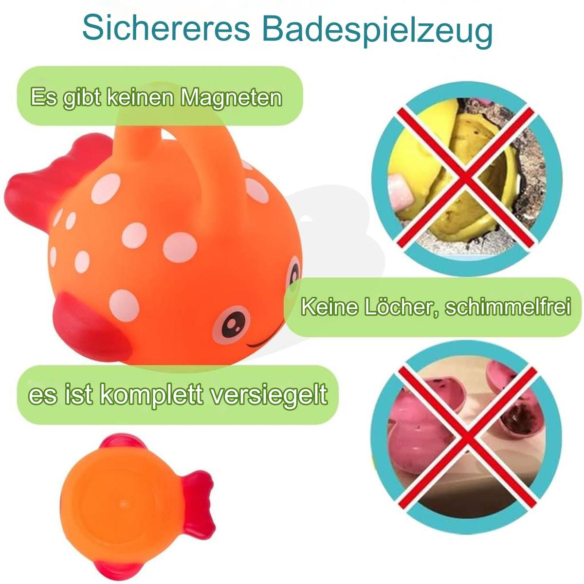 Ein orangefarbenes Fischspielzeug mit weißen Punkten. Text: Keine Magnete, keine Löcher, komplett versiegelt.