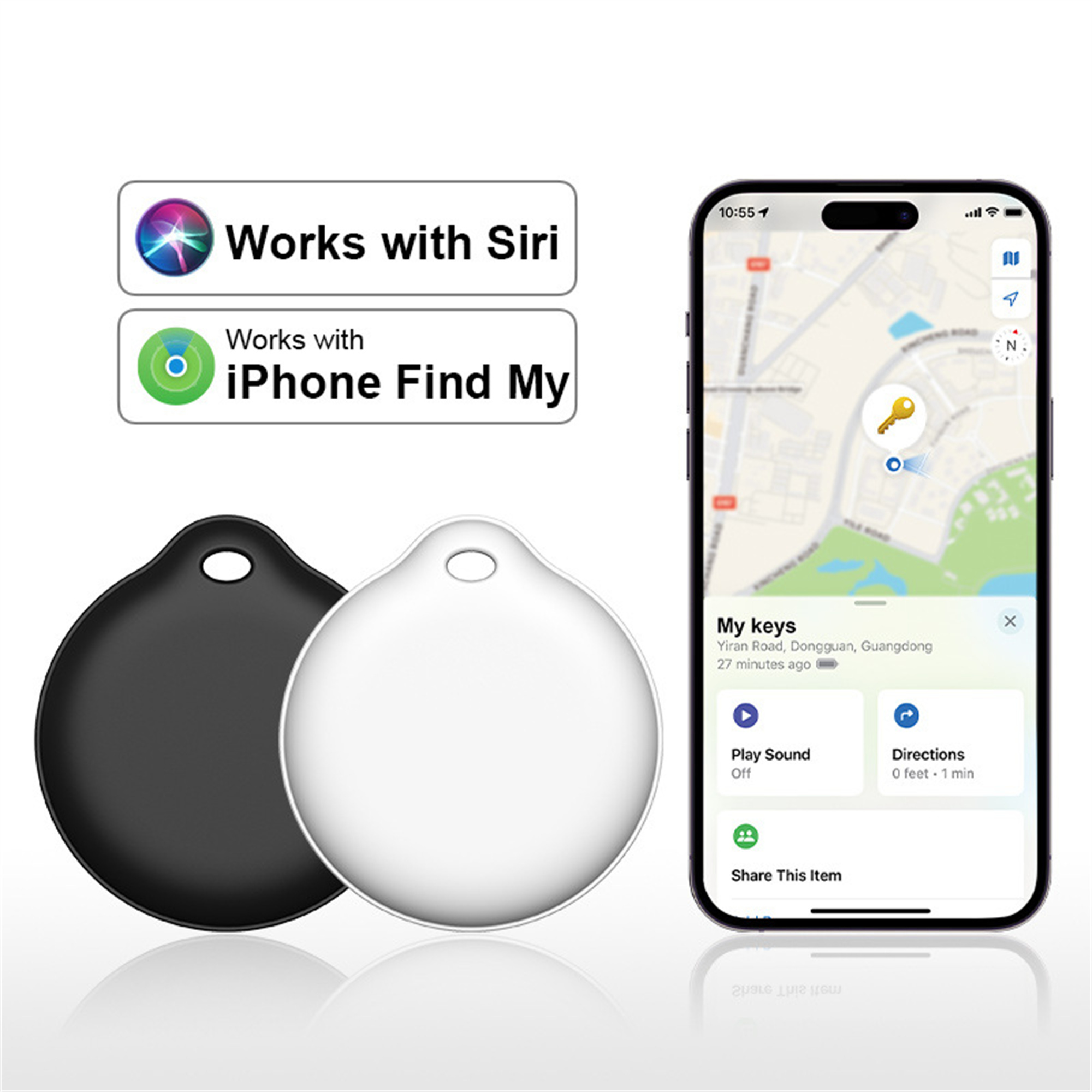 Schwarze und weiße Smart-Tags mit einem Telefon, das eine Karte und den Schlüsselstandort zeigt. Text enthält Siri und Find My Logos.
