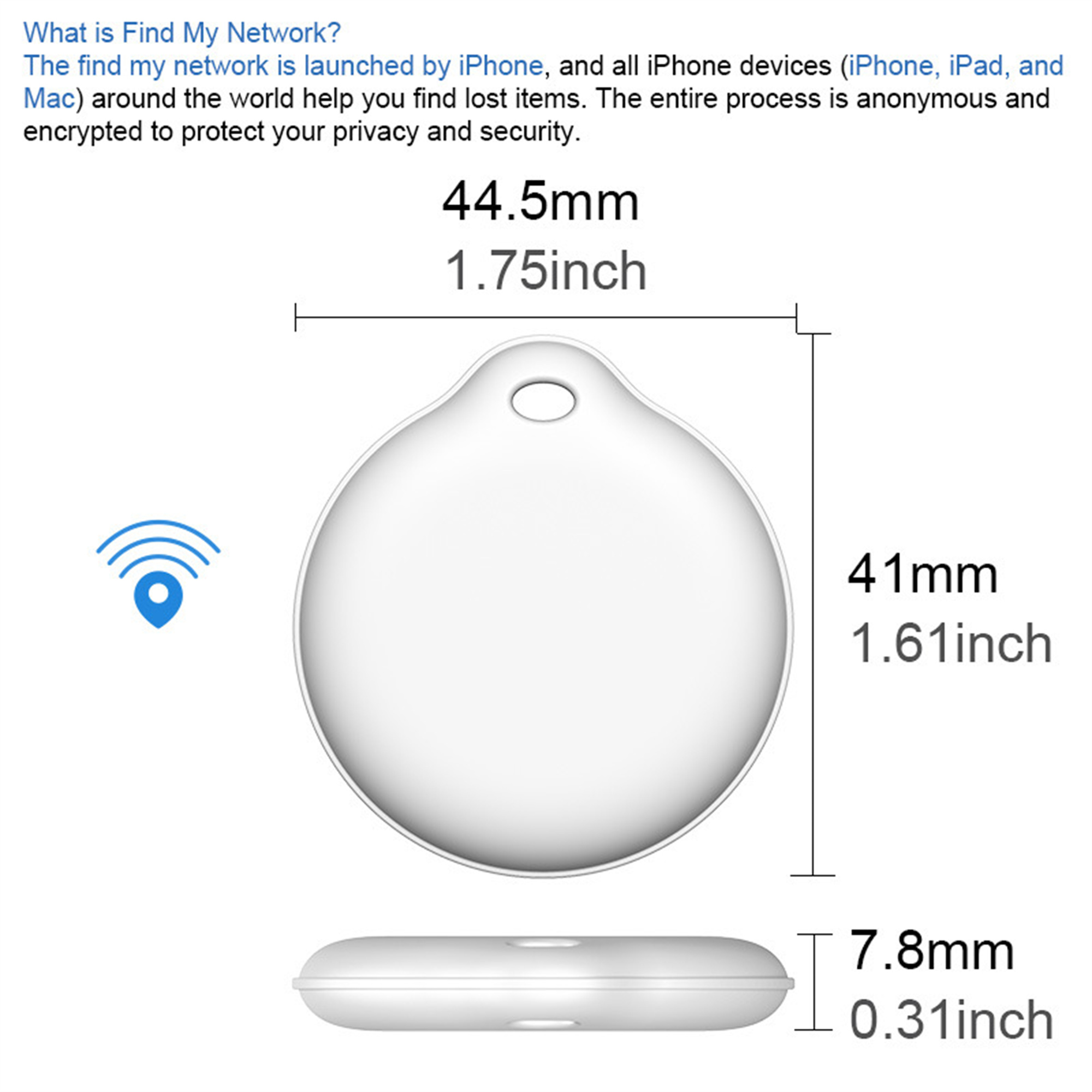 Weißes kreisförmiges Gerät mit Abmessungen, blaues WLAN-Symbol und Text über das Find My Network.