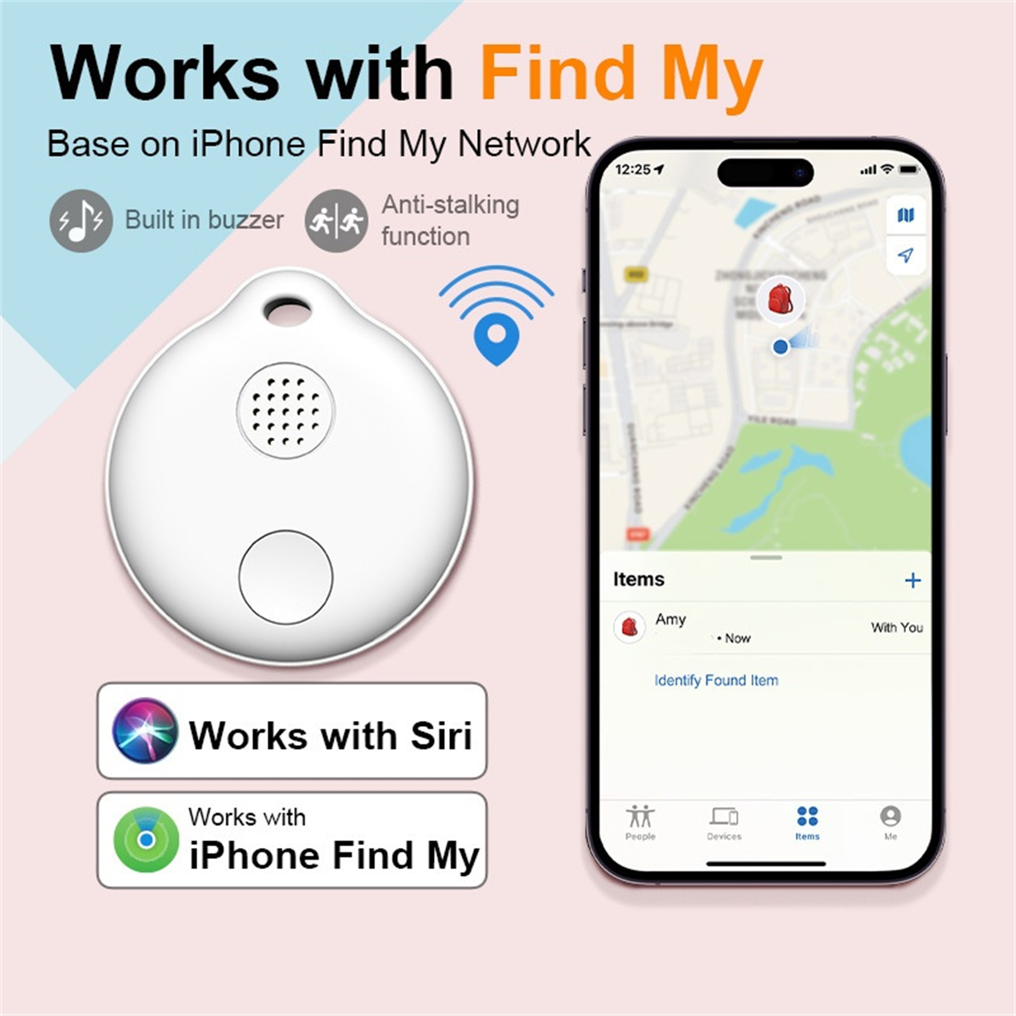 Ein weißer Tracker mit einem Telefon, das eine Karte und eine Tracking-App zeigt.