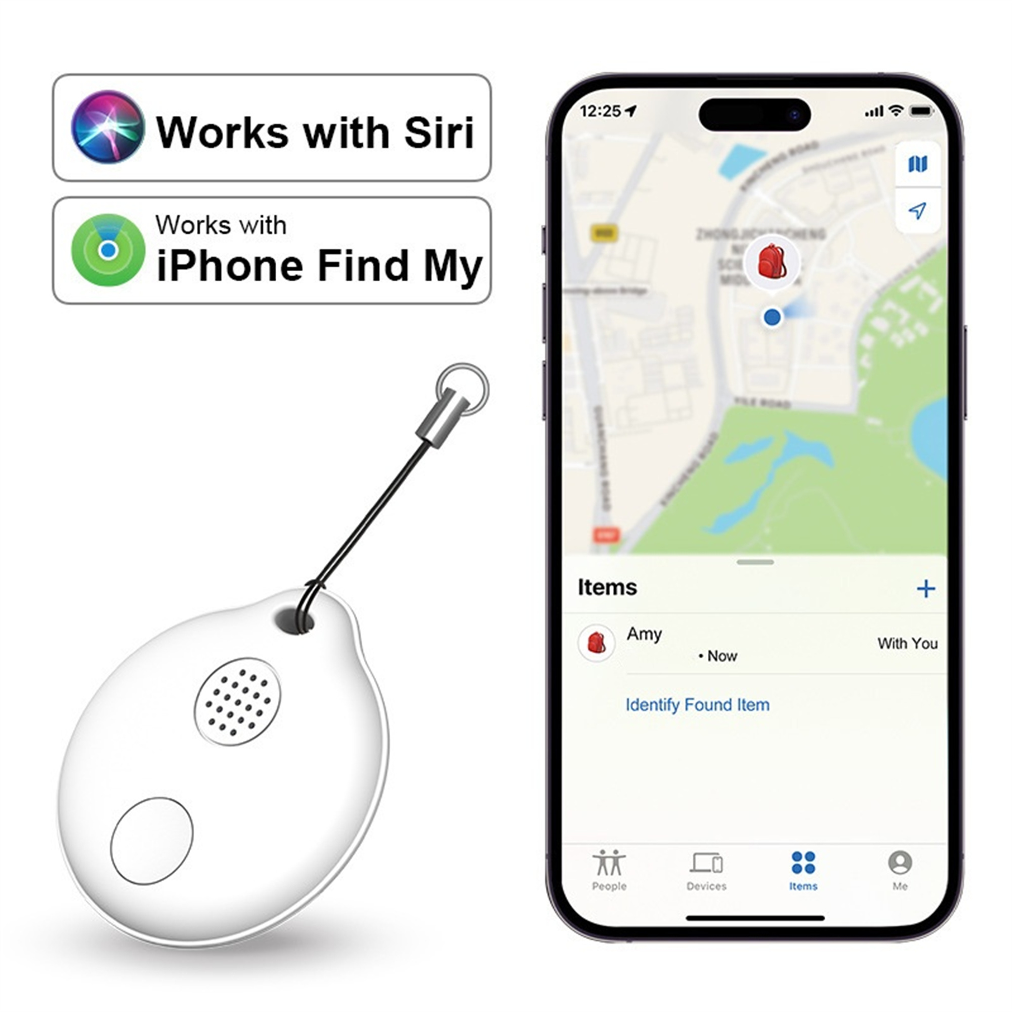 Weißer Schlüsselfinder und Smartphone. Schlüsselfinder neben dem Telefon mit Karte und Objektstandort.