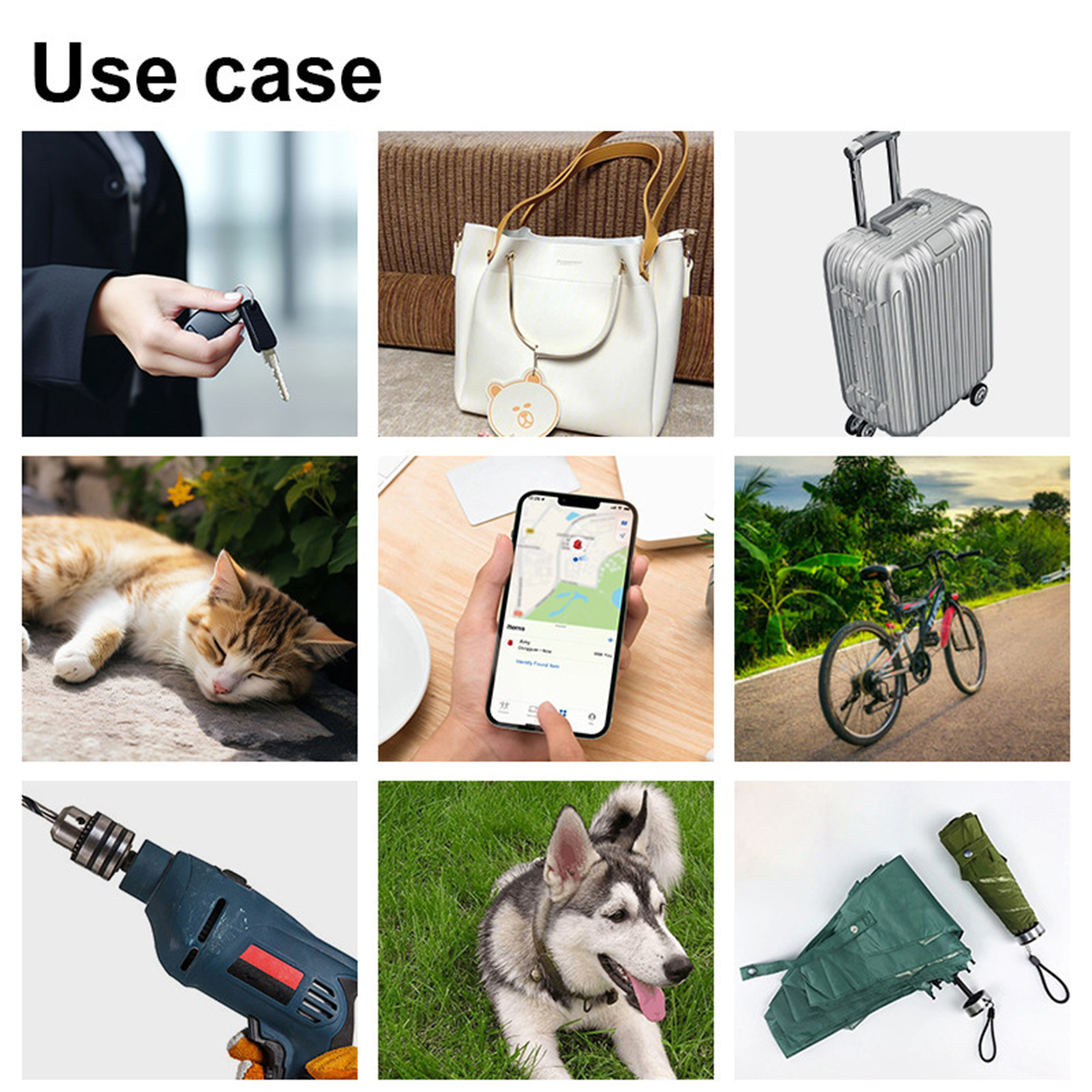 Collage von Gegenständen: Schlüssel, Tasche, Koffer, Katze, Telefon, Fahrrad, Bohrer, Hund und Schirm.