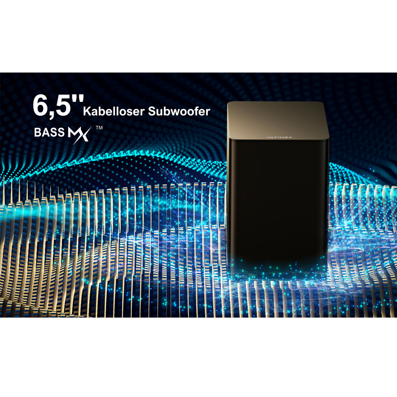 Schwarzer Subwoofer auf blauem Hintergrund mit Wellenlinien. Text: 6,5" Kabelloser Subwoofer.