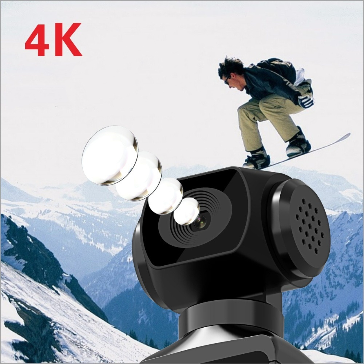 Eine Kamera mit drei Linsen und eine Person, die auf einem Berg snowboardet, mit dem 4K-Logo in der Ecke.