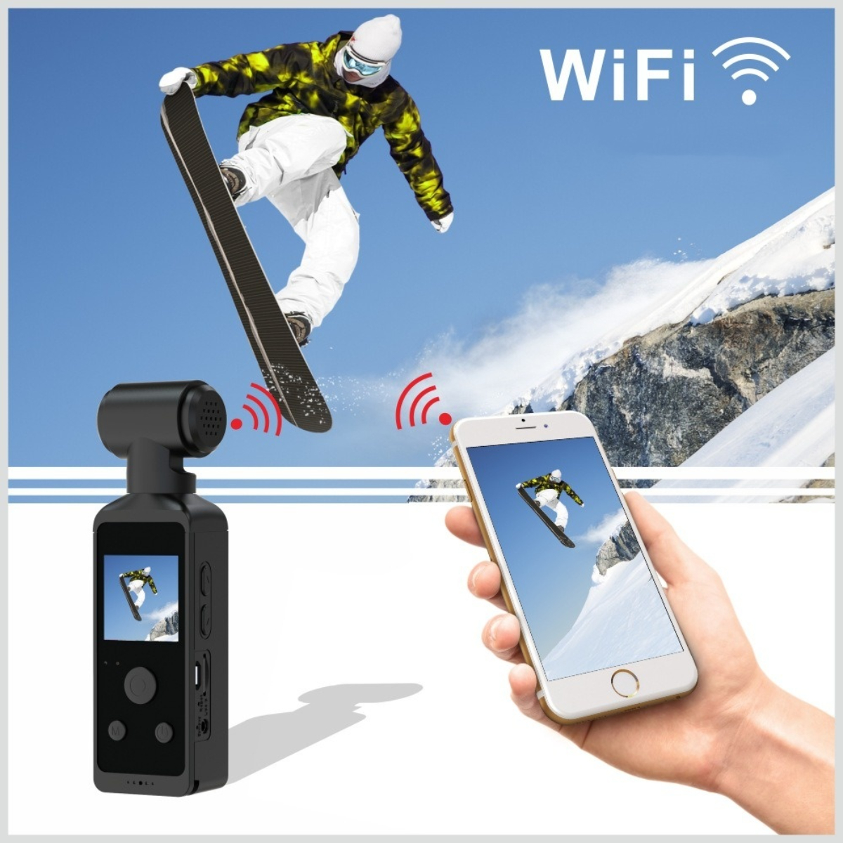 Ein Mann beim Snowboarden, eine Kamera und ein Telefon, das ein Video anzeigt. WiFi-Symbol ist darüber.