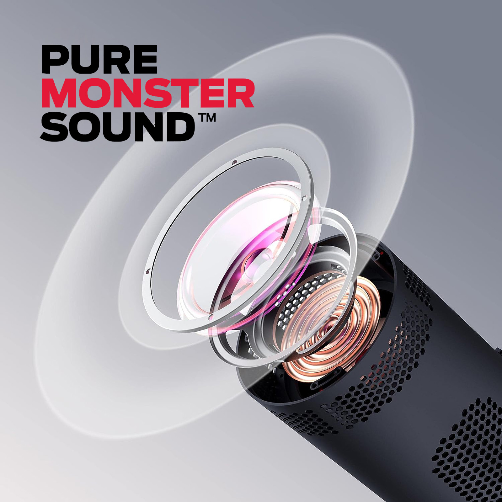 Nahaufnahme von Lautsprecherkomponenten. Text „PURE MONSTER SOUND“ in Rot. Grauer Hintergrund.