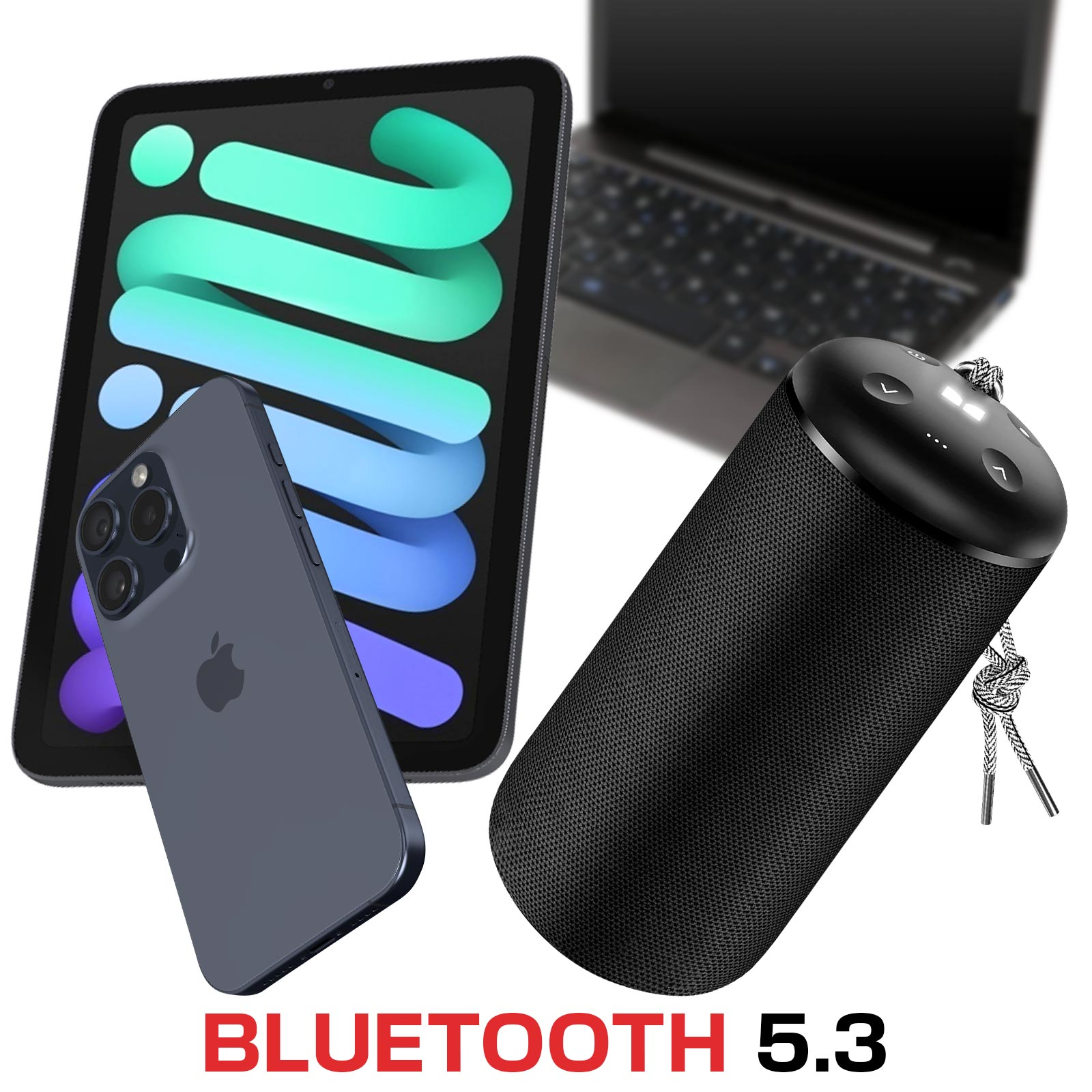 Geräte: Tablet, Telefon und tragbarer Lautsprecher. Text: Bluetooth 5.3. Alles auf weißem Hintergrund.