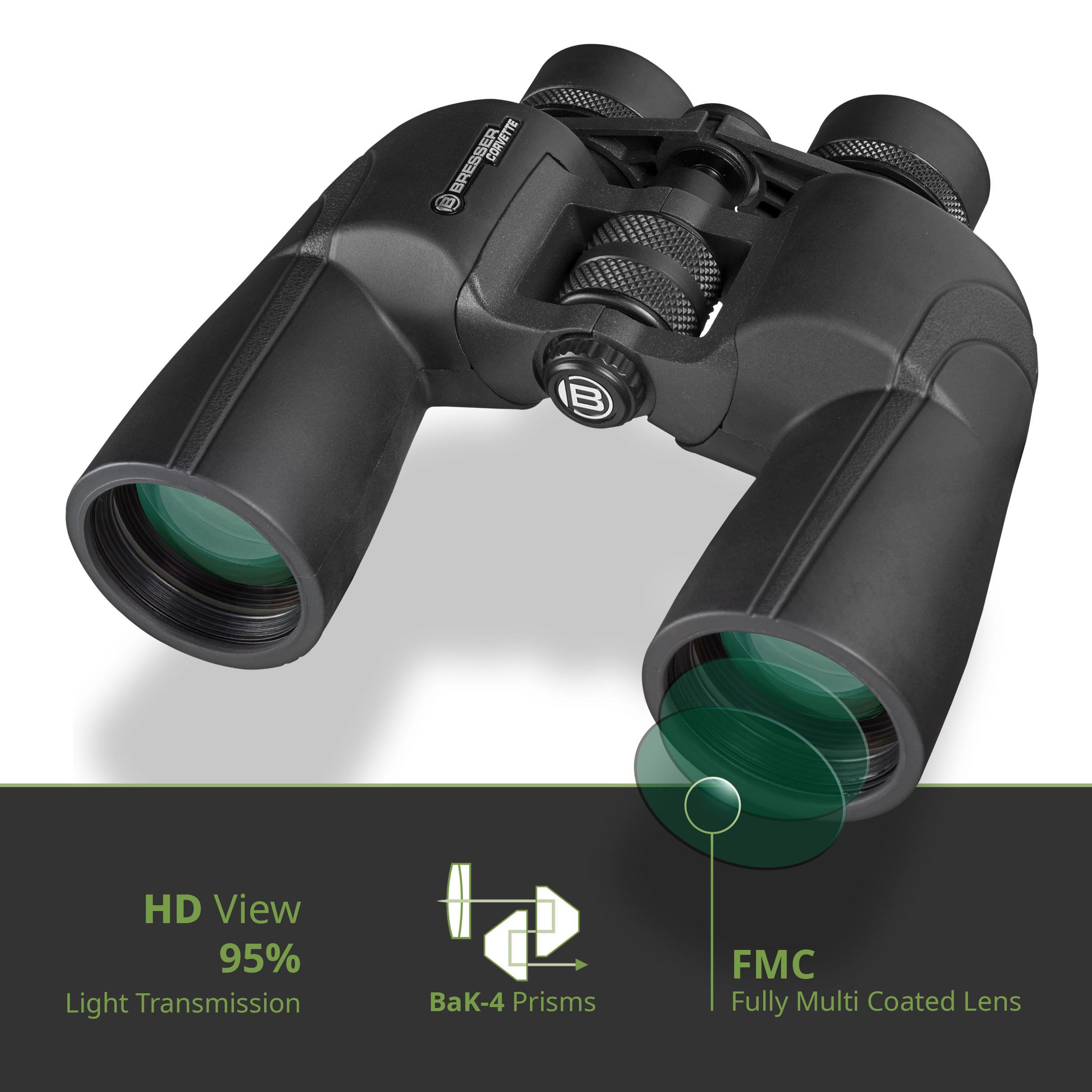 Prismáticos negros con lentes verdes, HD View y funciones FMC. Texto y diagramas incluidos.