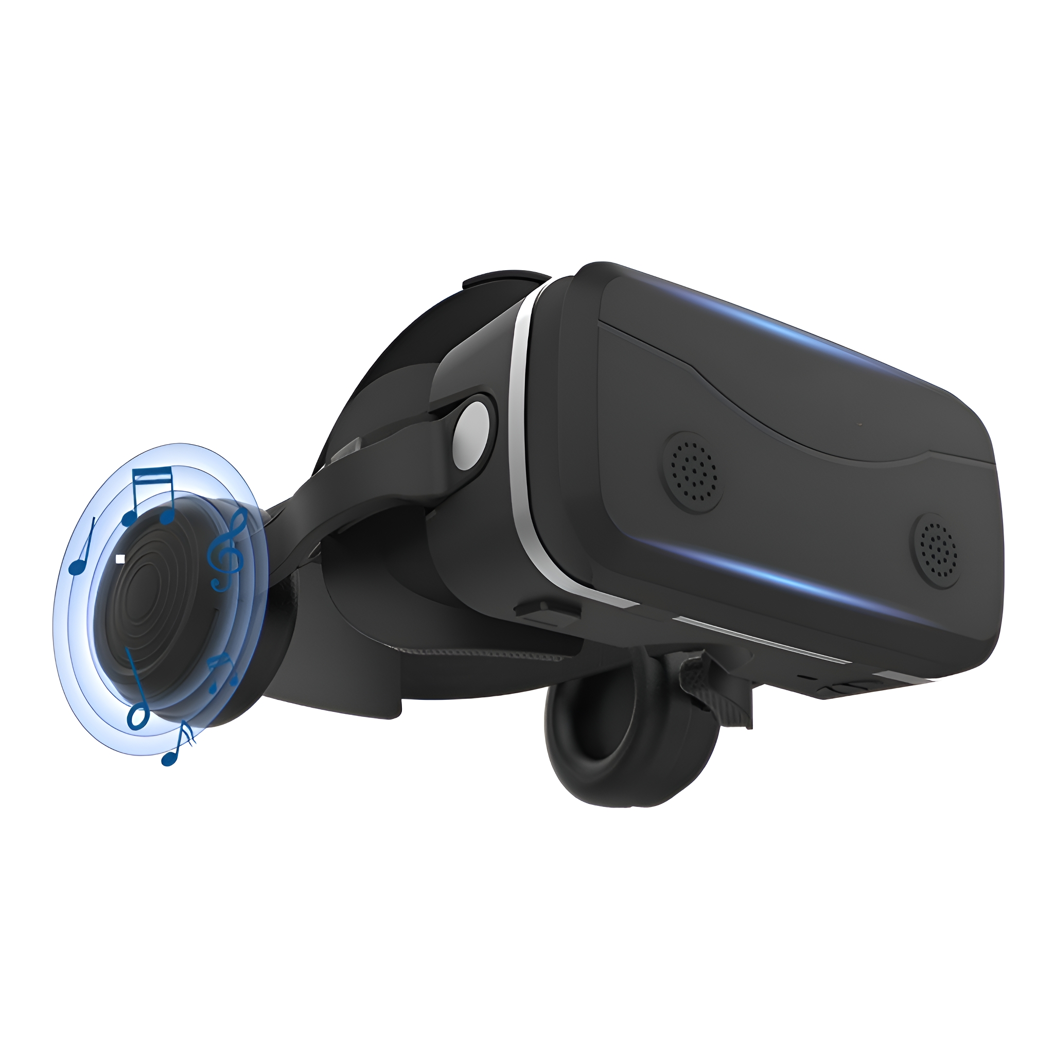 Schwarzes VR-Headset mit Noten, das Schallwellen von den Ohrmuscheln zeigt, auf weißem Grund.