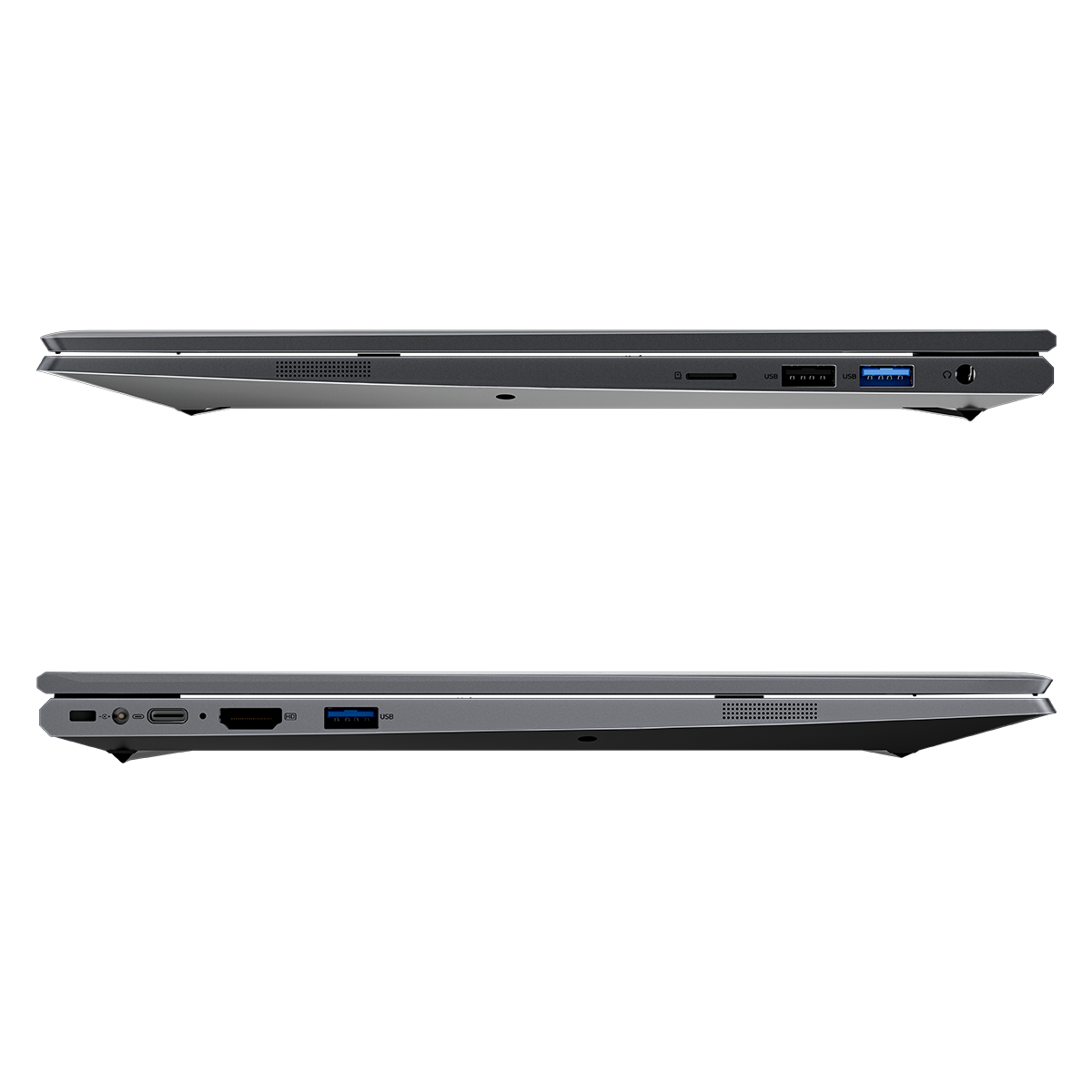 Due laptop, vista laterale, che mostrano le porte e i dettagli del design su sfondo bianco.