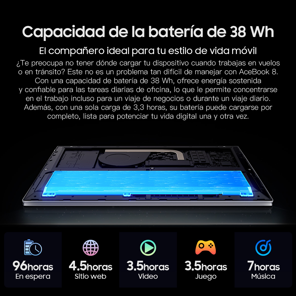 Portátil con pantalla que muestra una luz azul, con información de duración de la batería debajo.