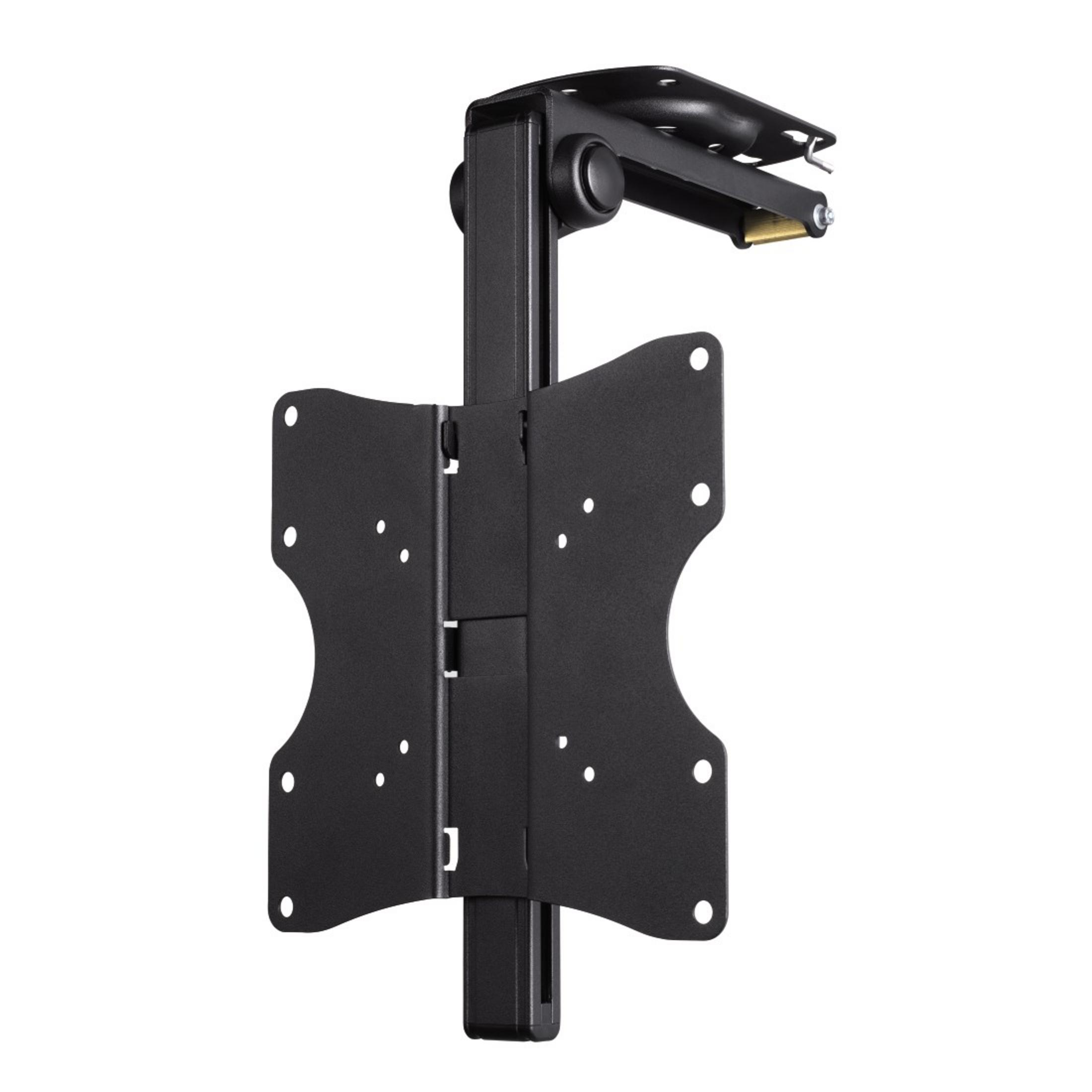 Un soporte de TV negro, con una barra vertical y placa de montaje.