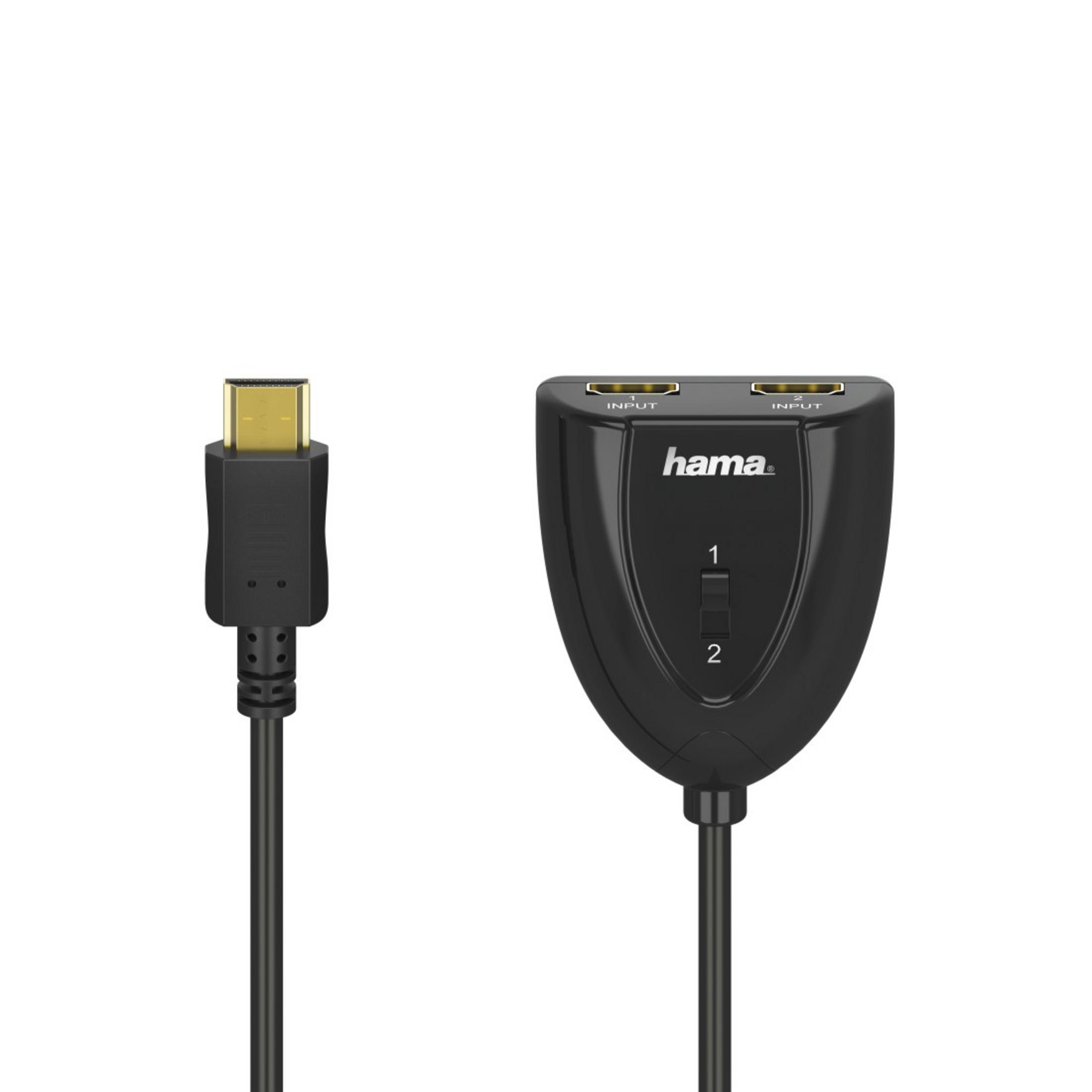 Czarny kabel HDMI i czarny przełącznik HDMI z dwoma portami wejściowymi oznaczonymi 'input'.