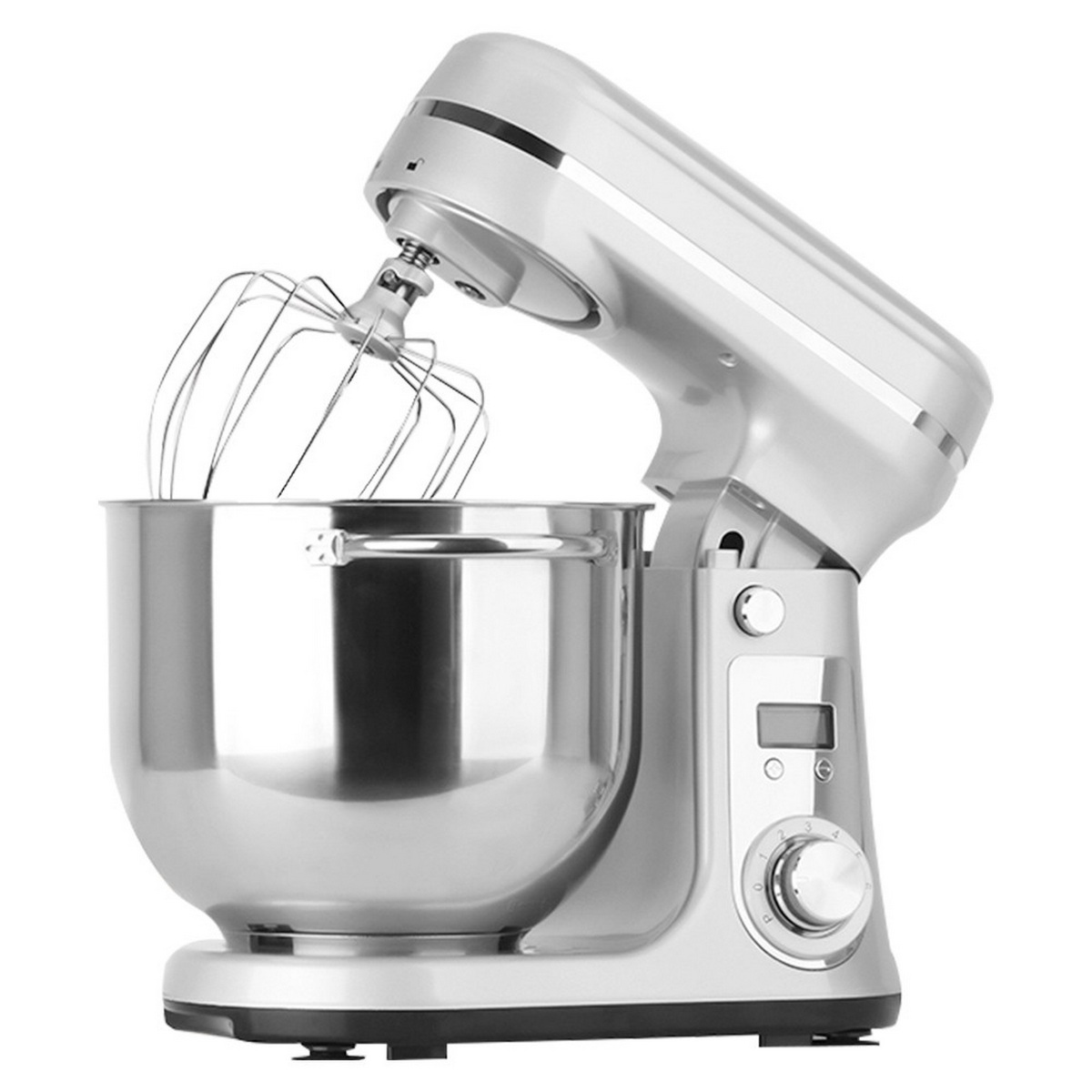 Silberfarbener Küchenmixer mit Schneebesen und Rührschüssel.
