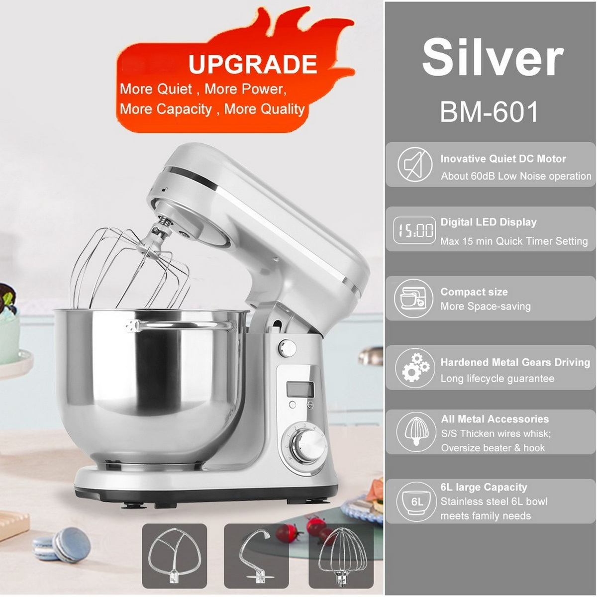Silberner Küchenmixer mit Zubehör. Text: Upgrade. Mehr Leistung, Kapazität, Qualität.