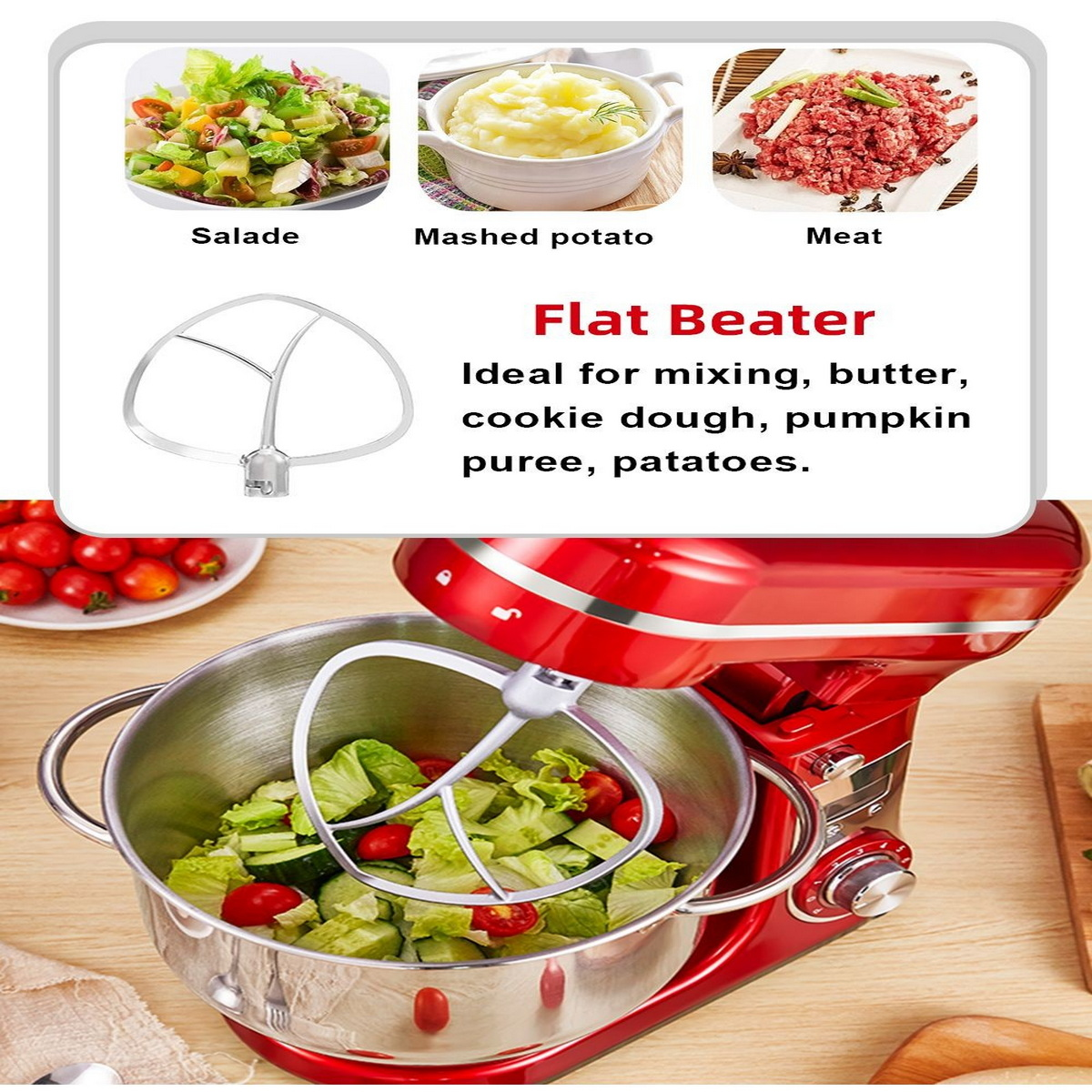 Ein roter Küchenmixer mit Flachrührer, einer Schüssel mit Essen und Zutatenproben.