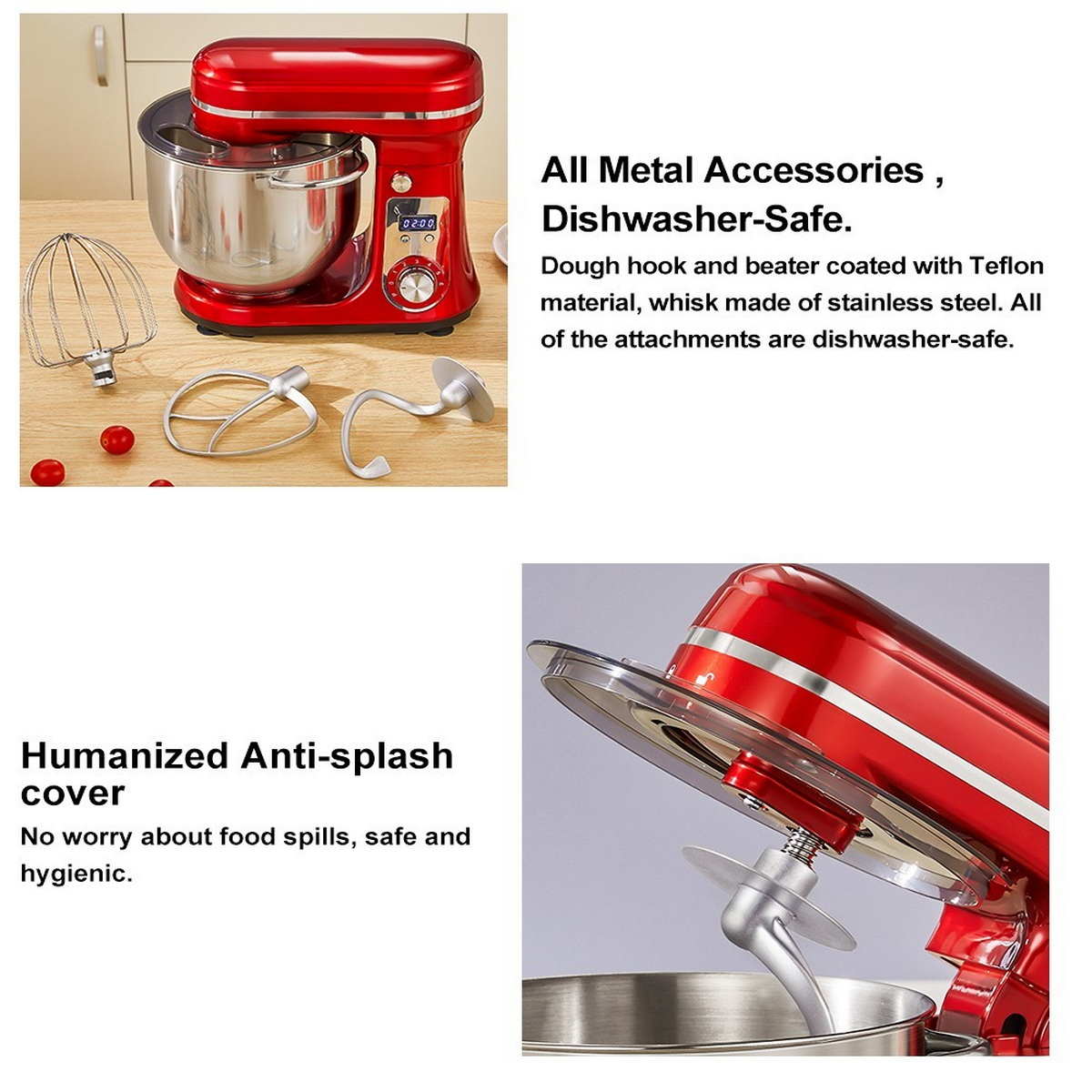 Ein roter Standmixer mit Zubehör und Edelstahlschüssel.