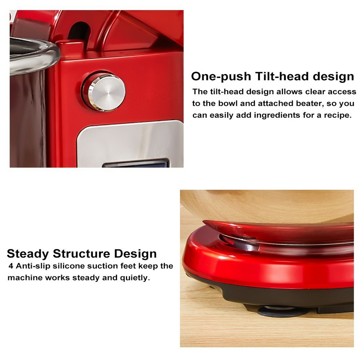 Details des roten KitchenAid-Mixers. Roter Körper mit silbernen Akzenten. Weißer Hintergrund.