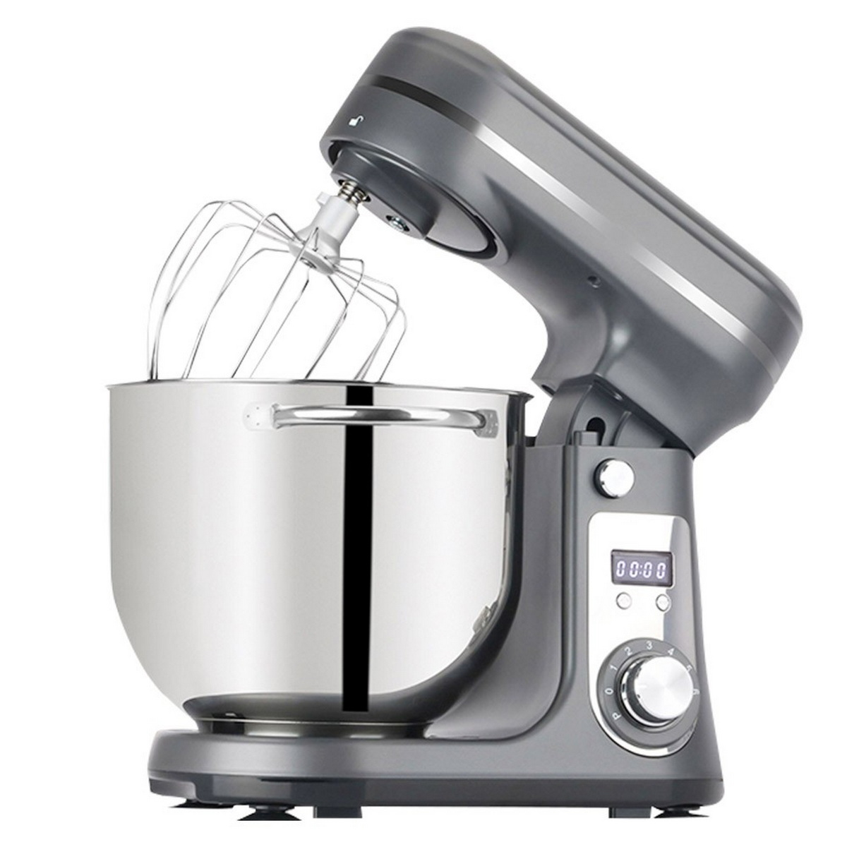 Graue Küchenmaschine mit Edelstahl-Schüssel, Schneebesen und Digitalanzeige.