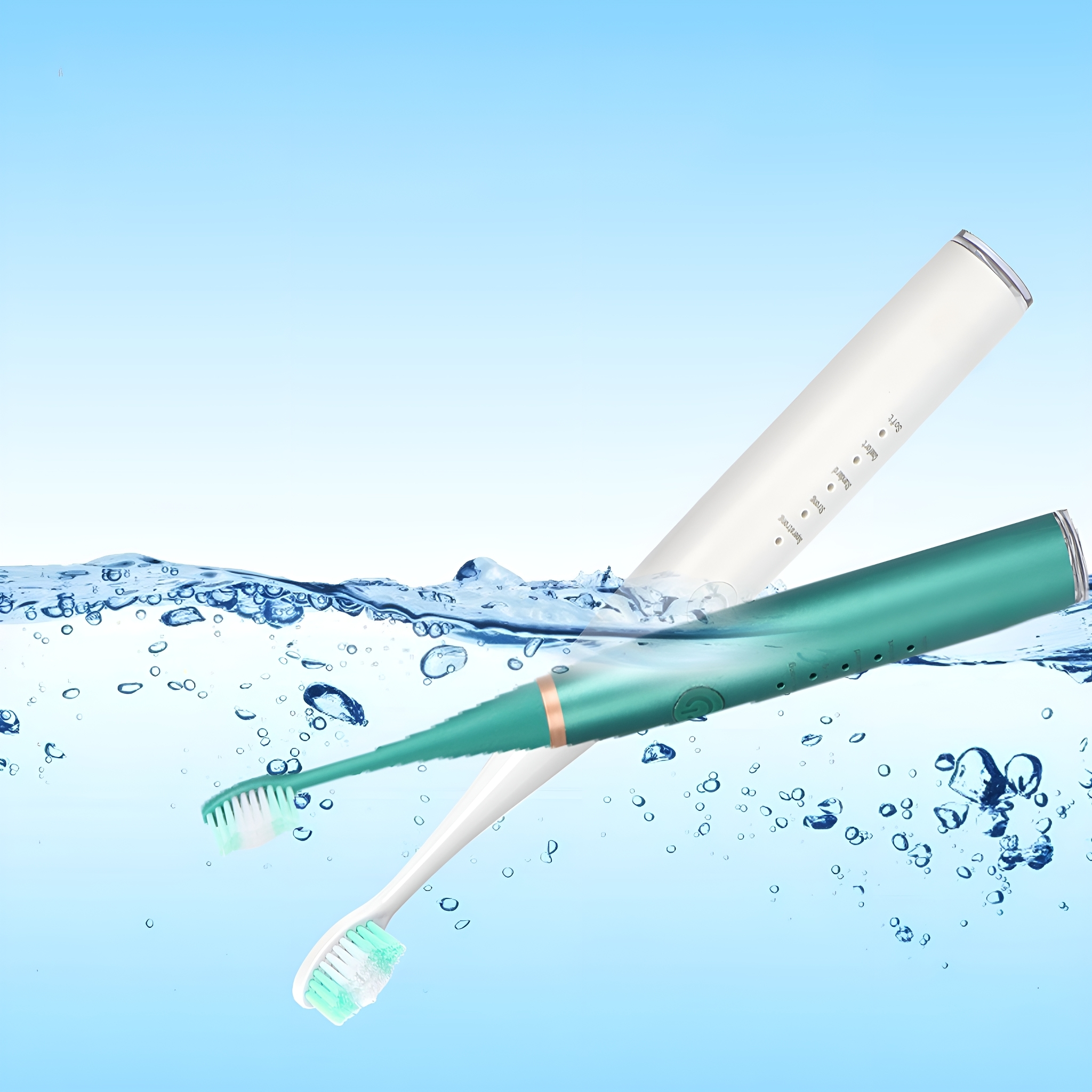 Elektrische Zahnbürste, grün und weiß, in Wasser mit Blasen. Ein weißes Gehäuse ist ebenfalls im Bild.