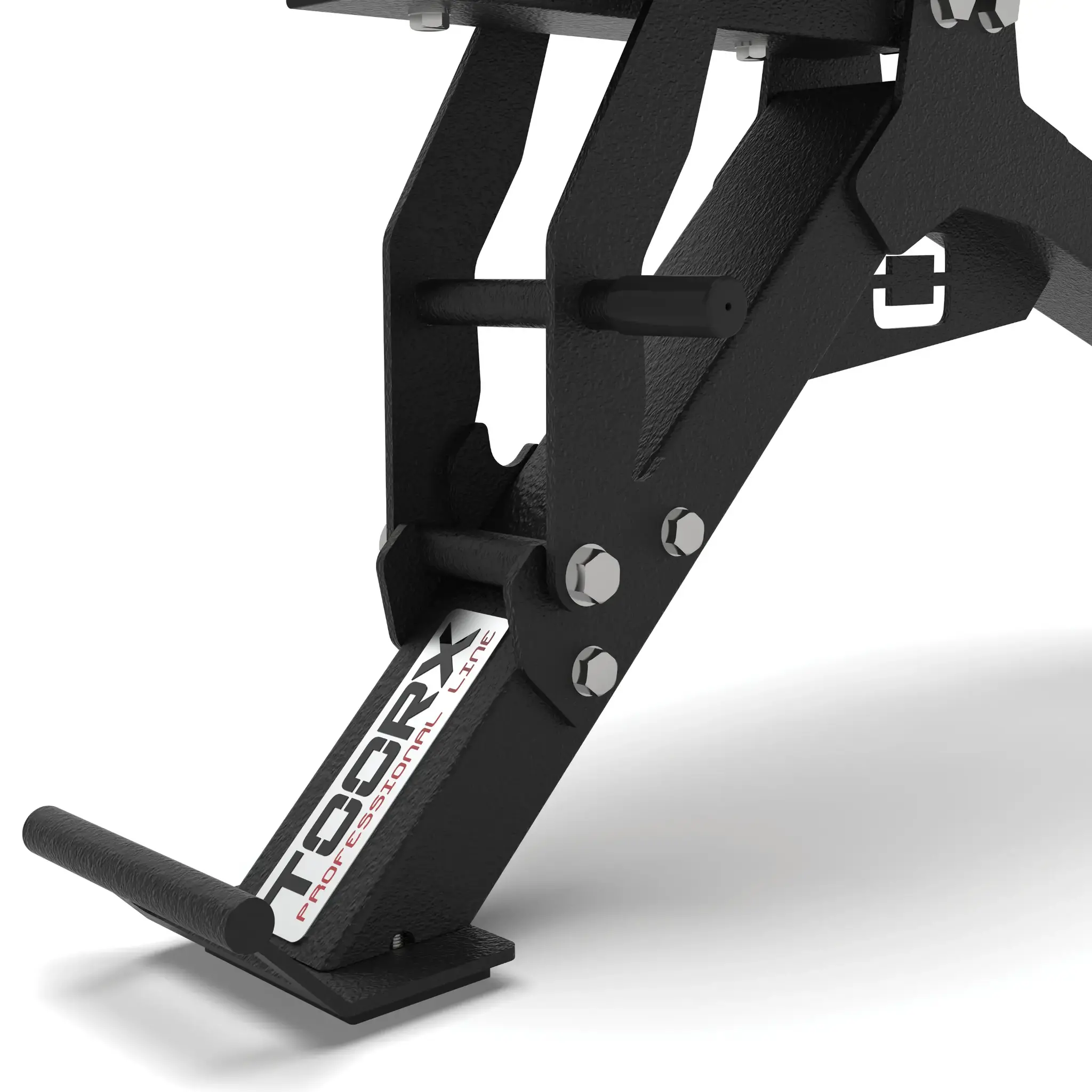 Close-up of the black foot of a weight machine. The TDBRX logo is visible.