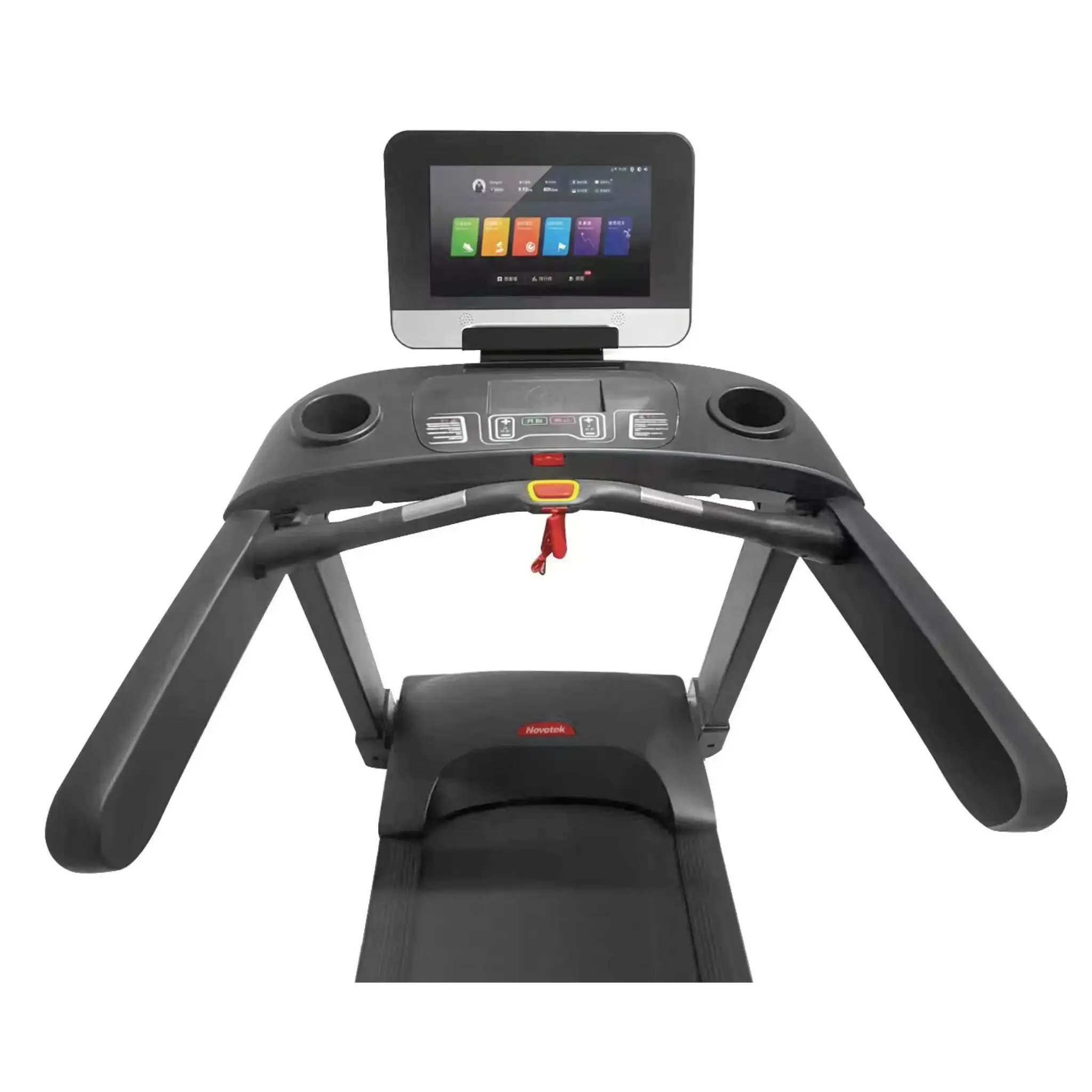 Treadmill with a digital display and control panel, handles, and a red safety key.