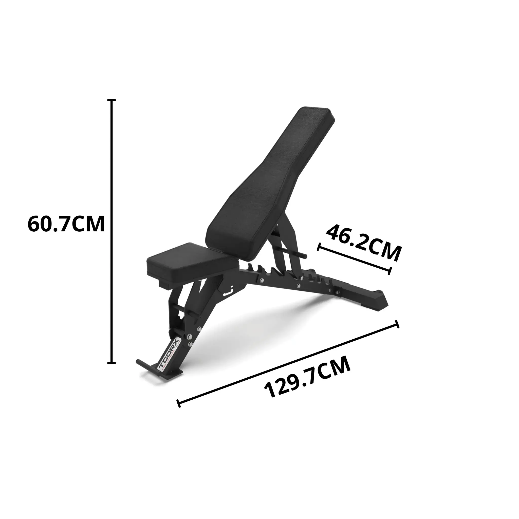 Black weight bench with measurements. Shows bench dimensions and angles on a white surface.