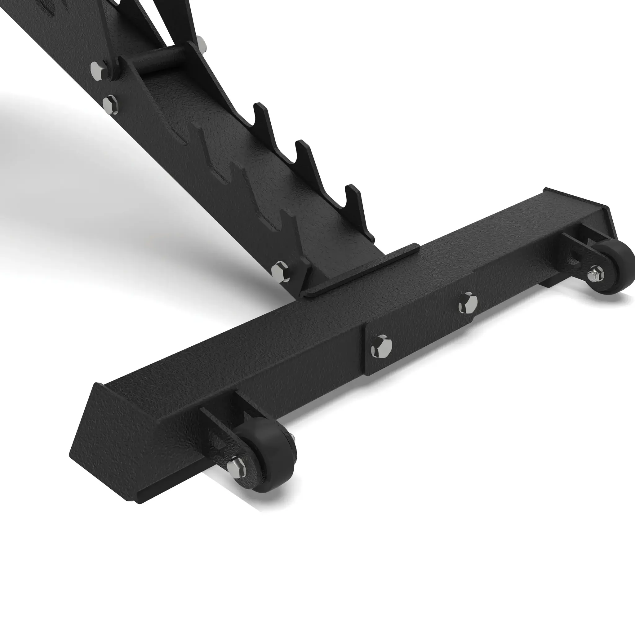 Black weight bench frame. It has adjustable supports and wheels on the base.