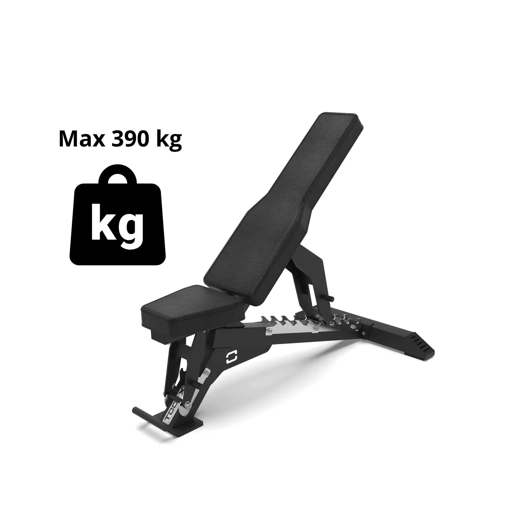 An adjustable weight bench with a black seat and frame. It has a weight capacity of 390 kg.