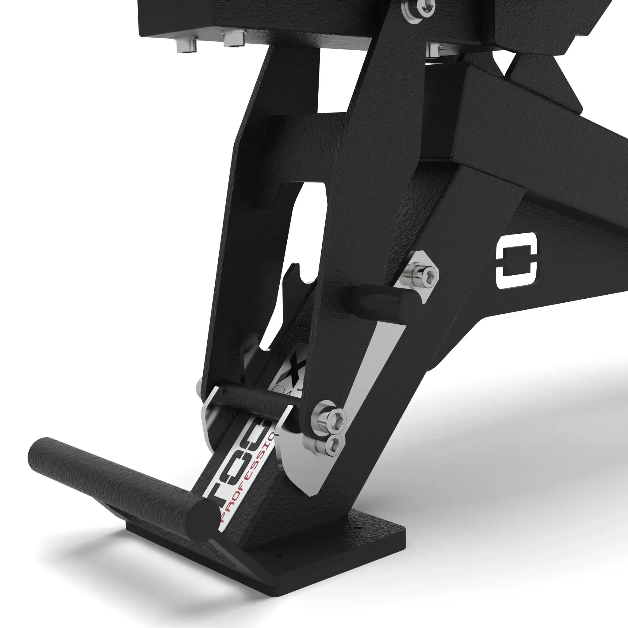 Close-up of a black gym machine component. It shows metal parts with bolts and a handle.