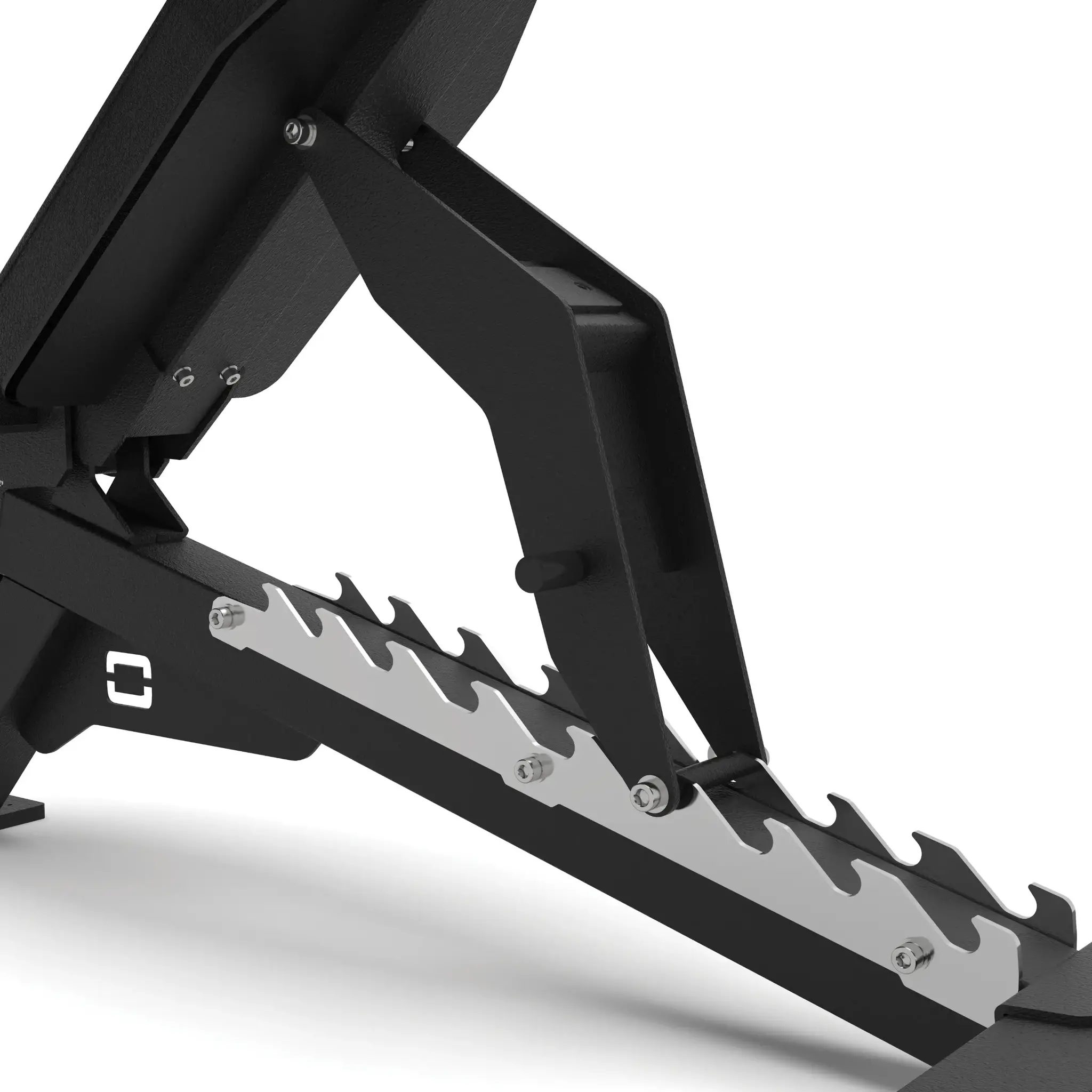 Black and silver weight bench with a serrated edge. White background.