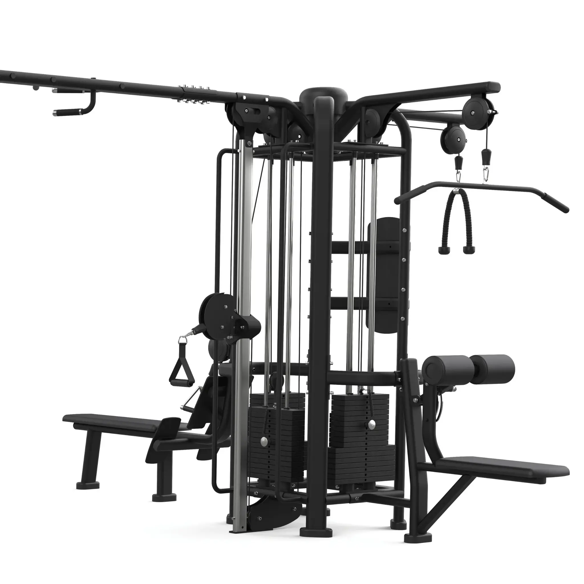 Een zwarte multifunctionele fitnessmachine met diverse trainingsstations en gewichten op een witte achtergrond.