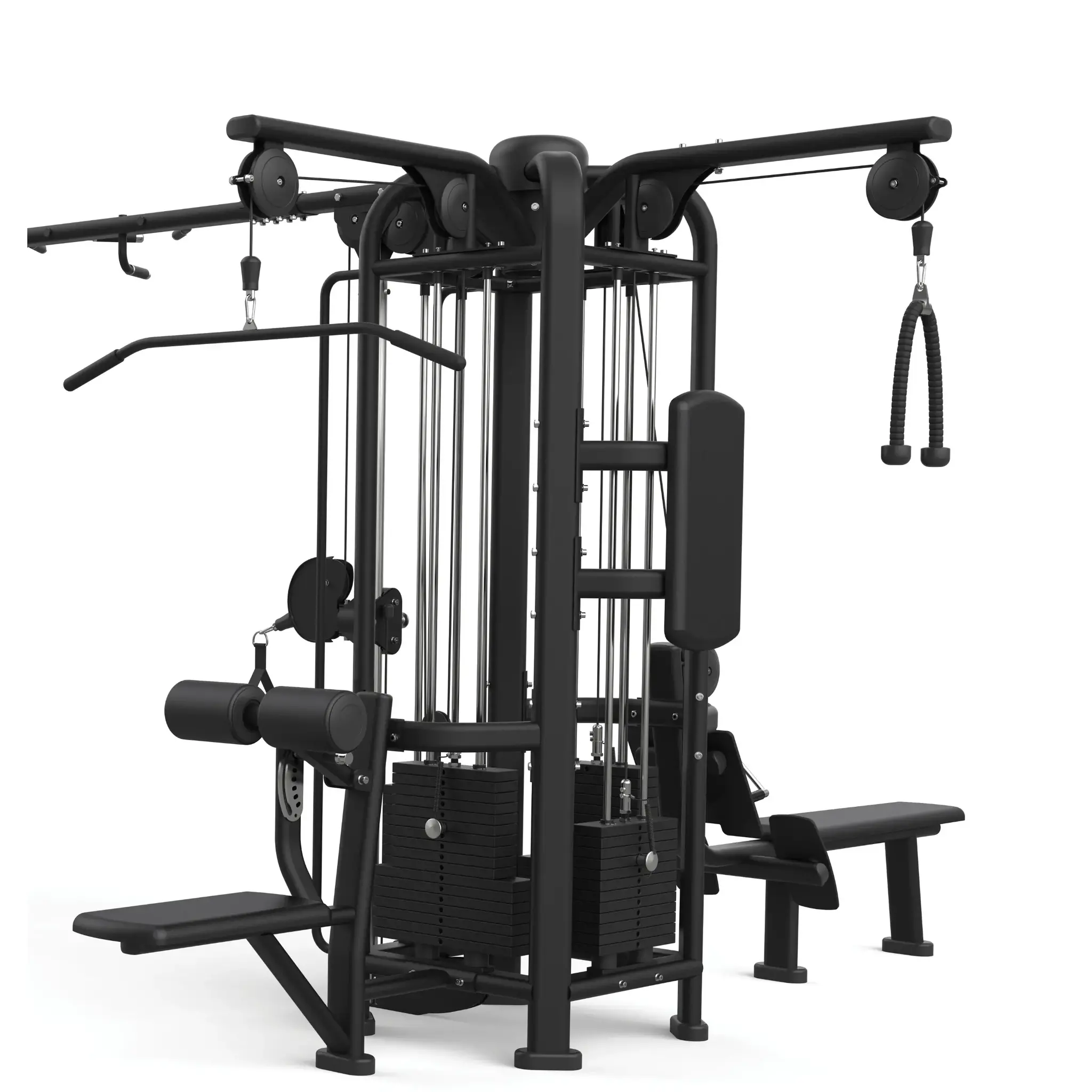 Zwarte multi-gym machine met verschillende trainingsstations en gewichtstapels.