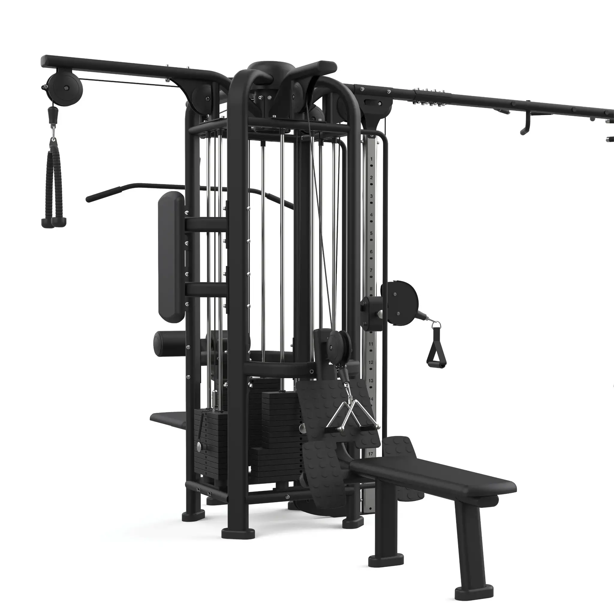 Zwarte fitnessmachine. Kabels, gewichten en een zit. Witte achtergrond.