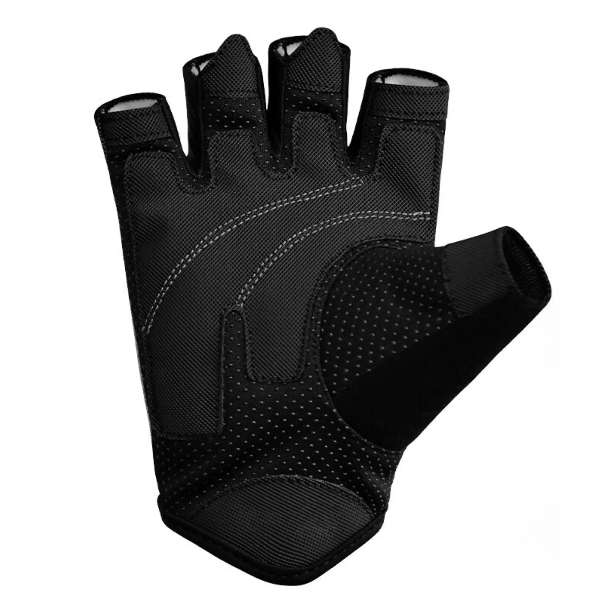 Zwarte vingerloze trainingshandschoen met vulling en een getextureerde handpalm, ontworpen voor grip en handbescherming.