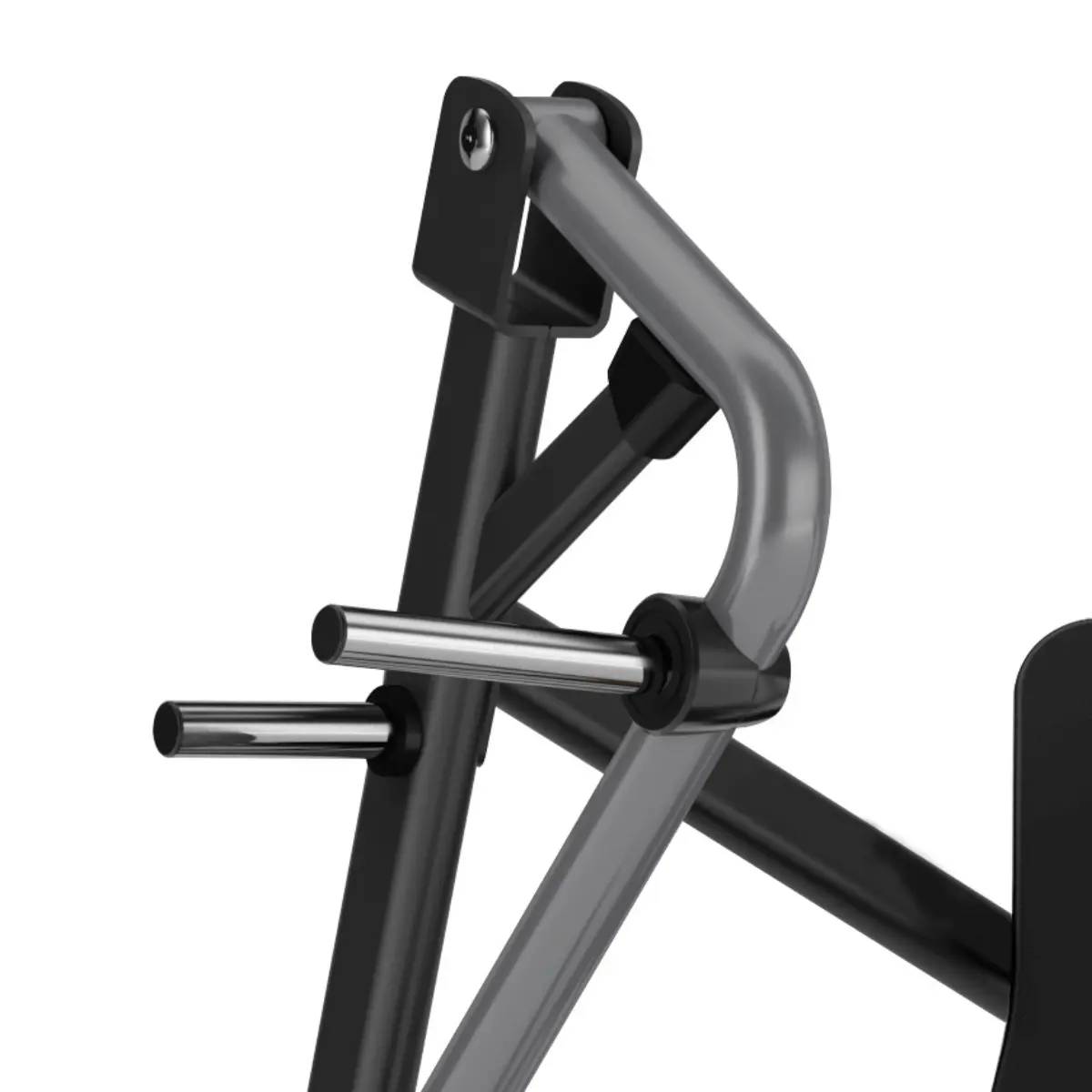Fitnessapparatuur: een zwart en zilver frame met twee metalen staven.