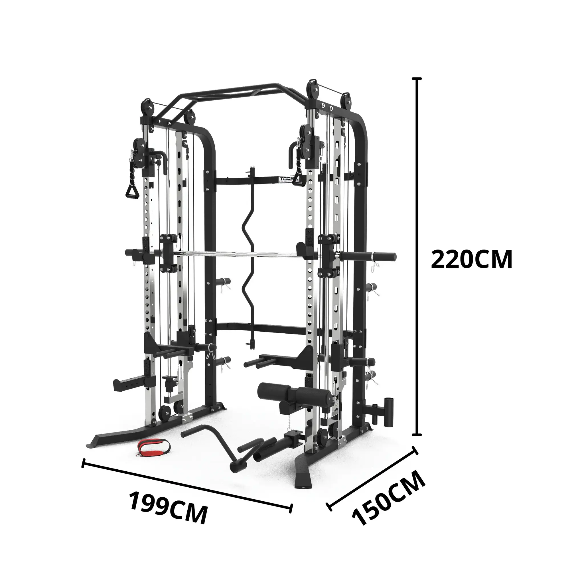 Zwarte en zilveren fitnessmachine met afmetingen: 199cm x 150cm x 220cm.