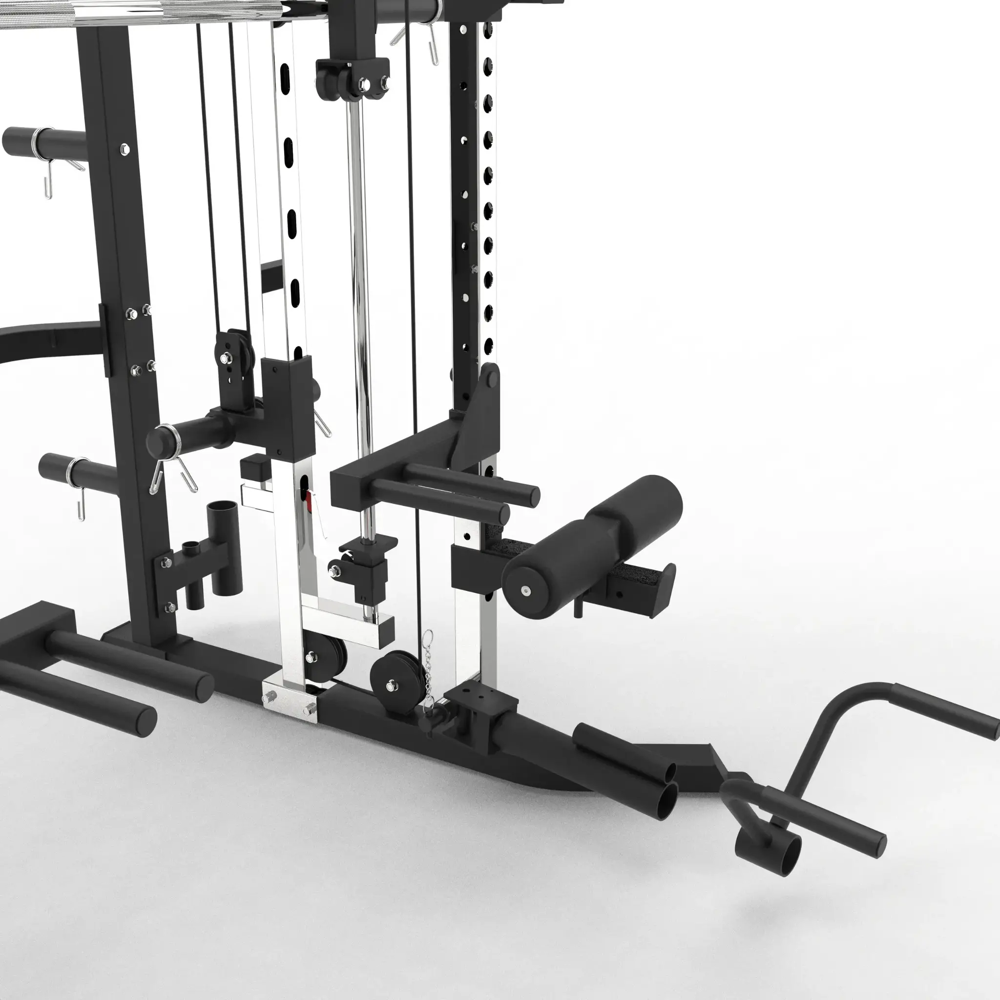Een gewichtmachine met diverse hulpstukken, stangen en steunbalken, op een witte achtergrond.