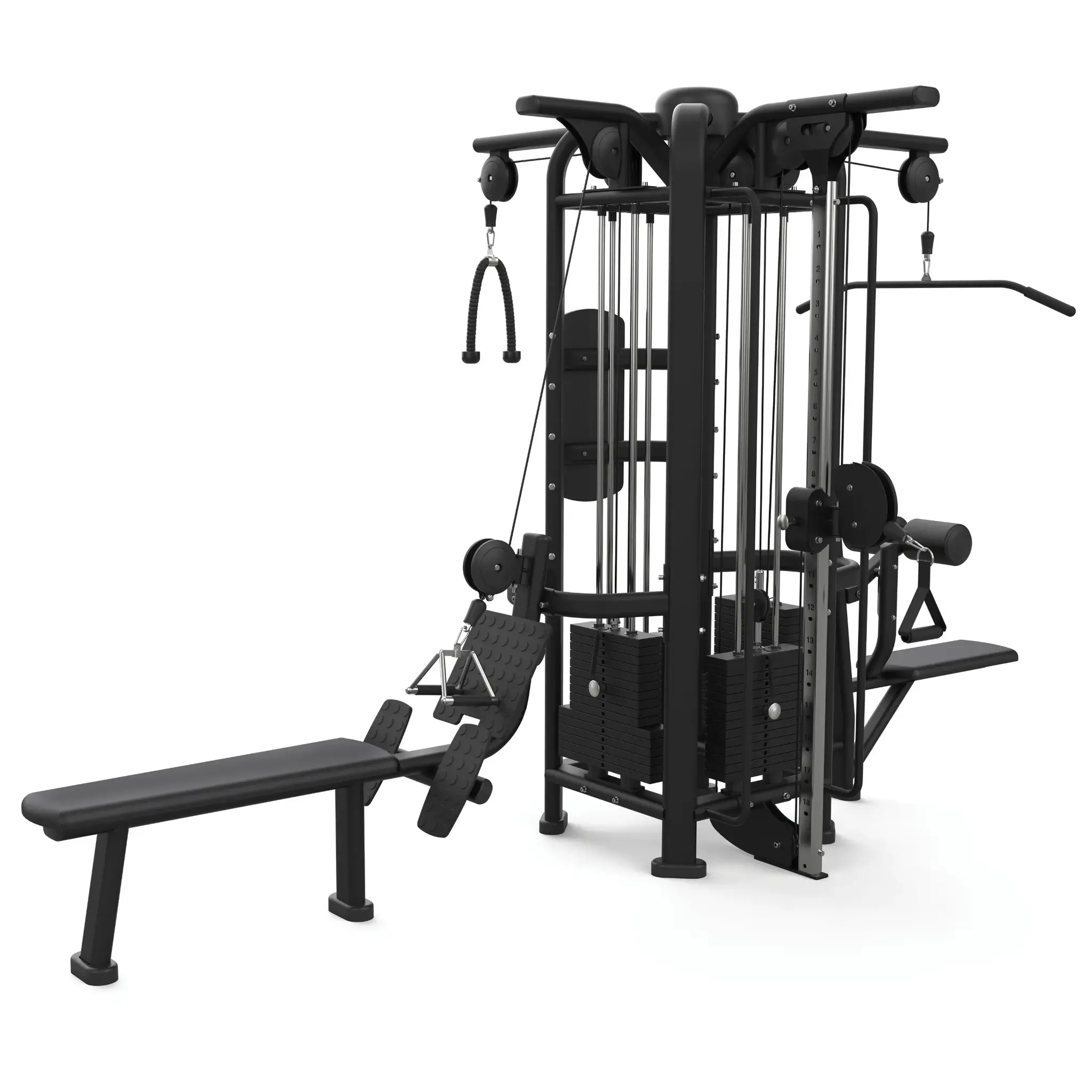 Een zwarte multi-gymmachine met verschillende stations en gewichten, geïsoleerd op een witte achtergrond.