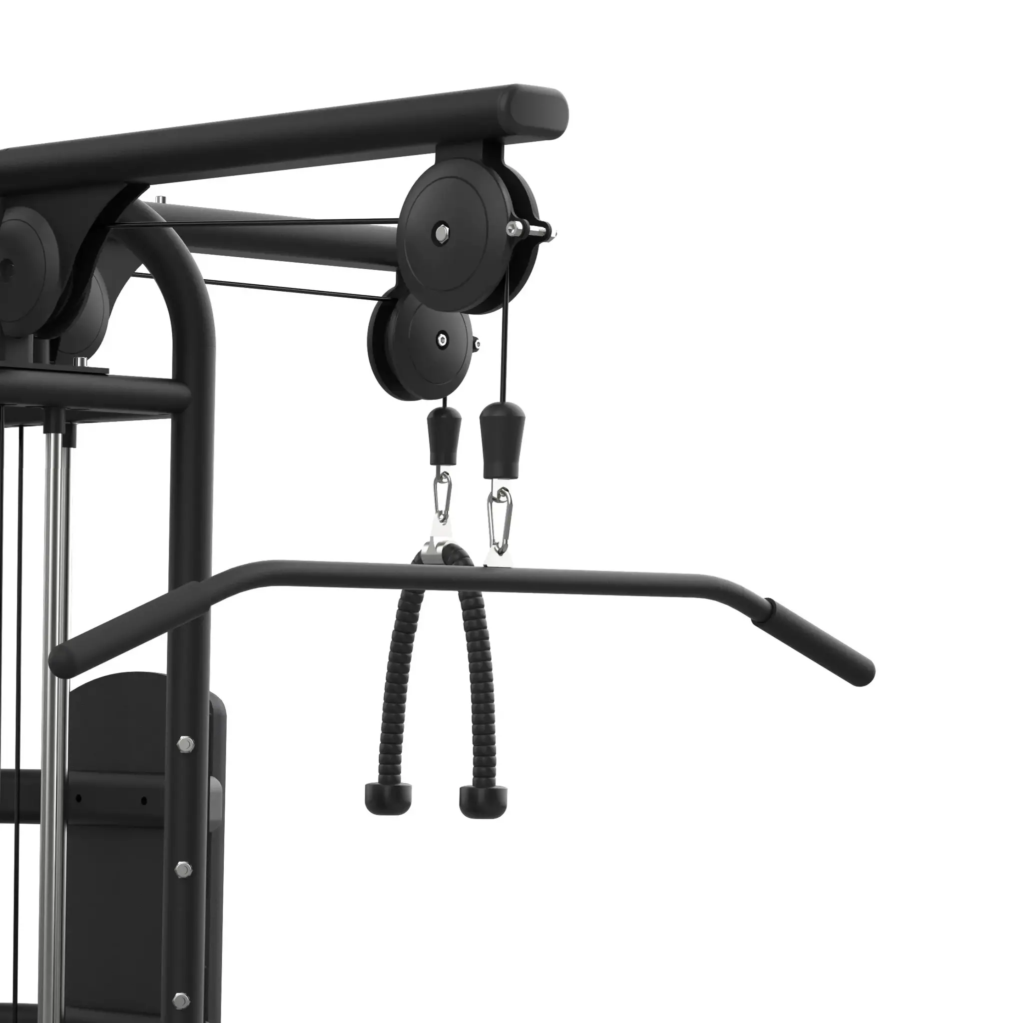 Zwarte fitnessmachine met een optrekstang en kabelbevestigingen. De achtergrond is wit.