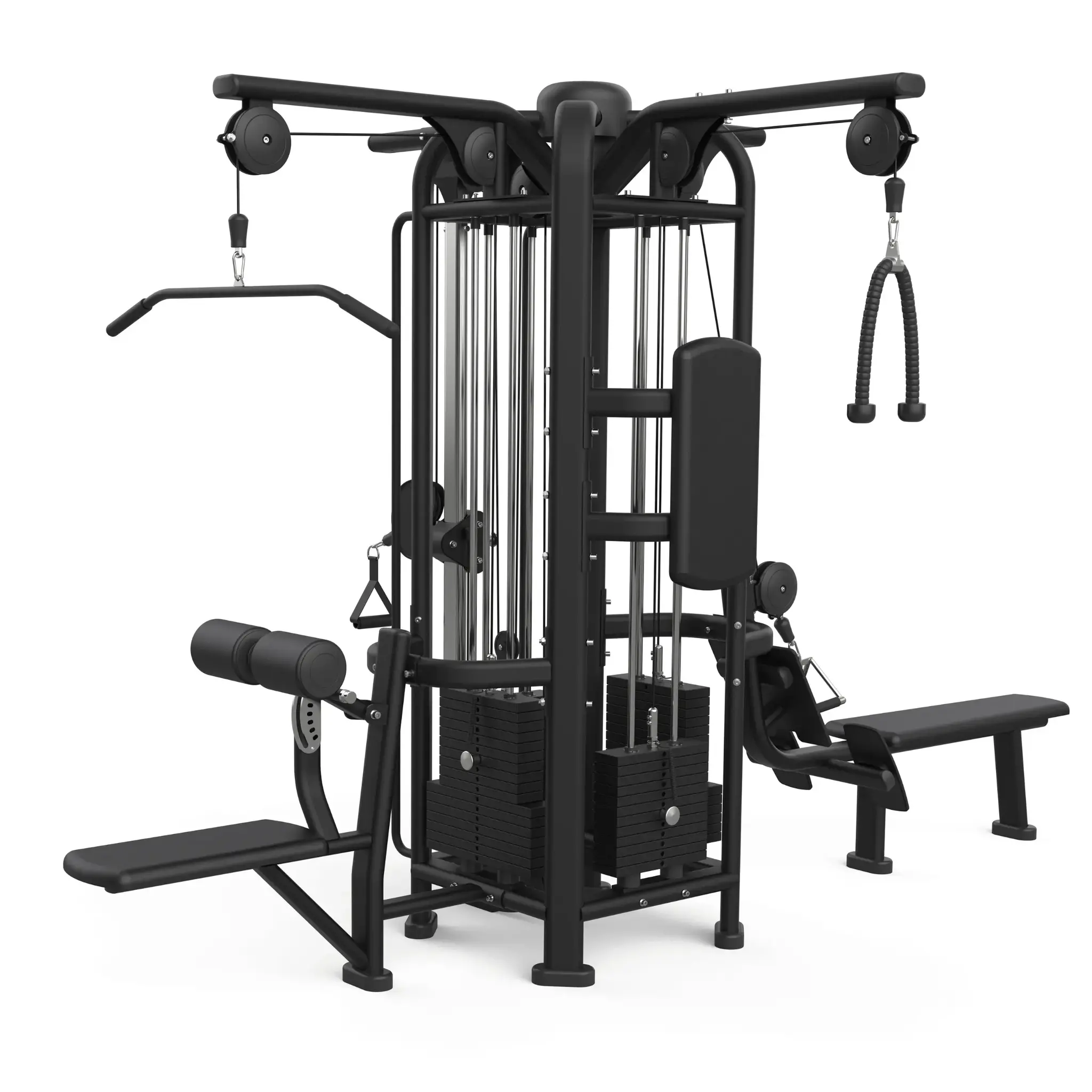 Zwarte multi-gym met gewichtstapels en accessoires, tegen een witte achtergrond.