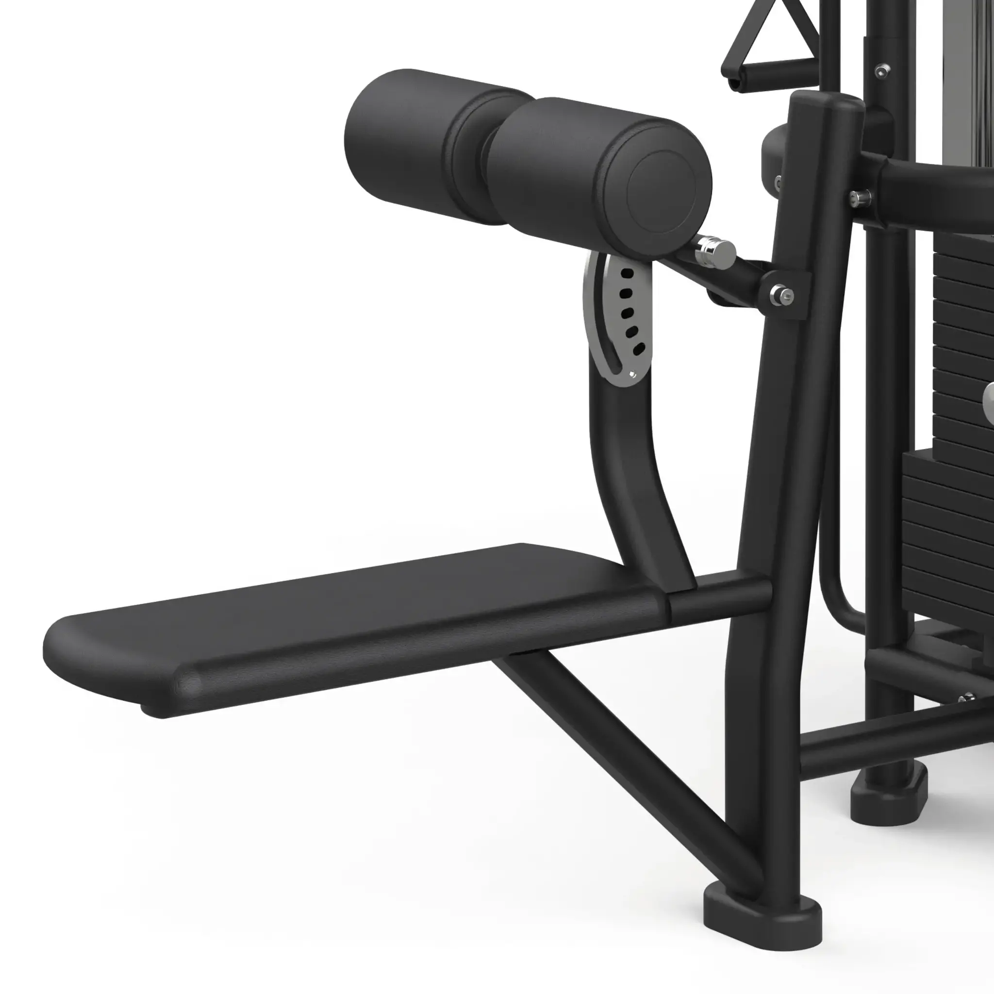 Zwarte fitnessmachine met gewichten en bank. Witte achtergrond.