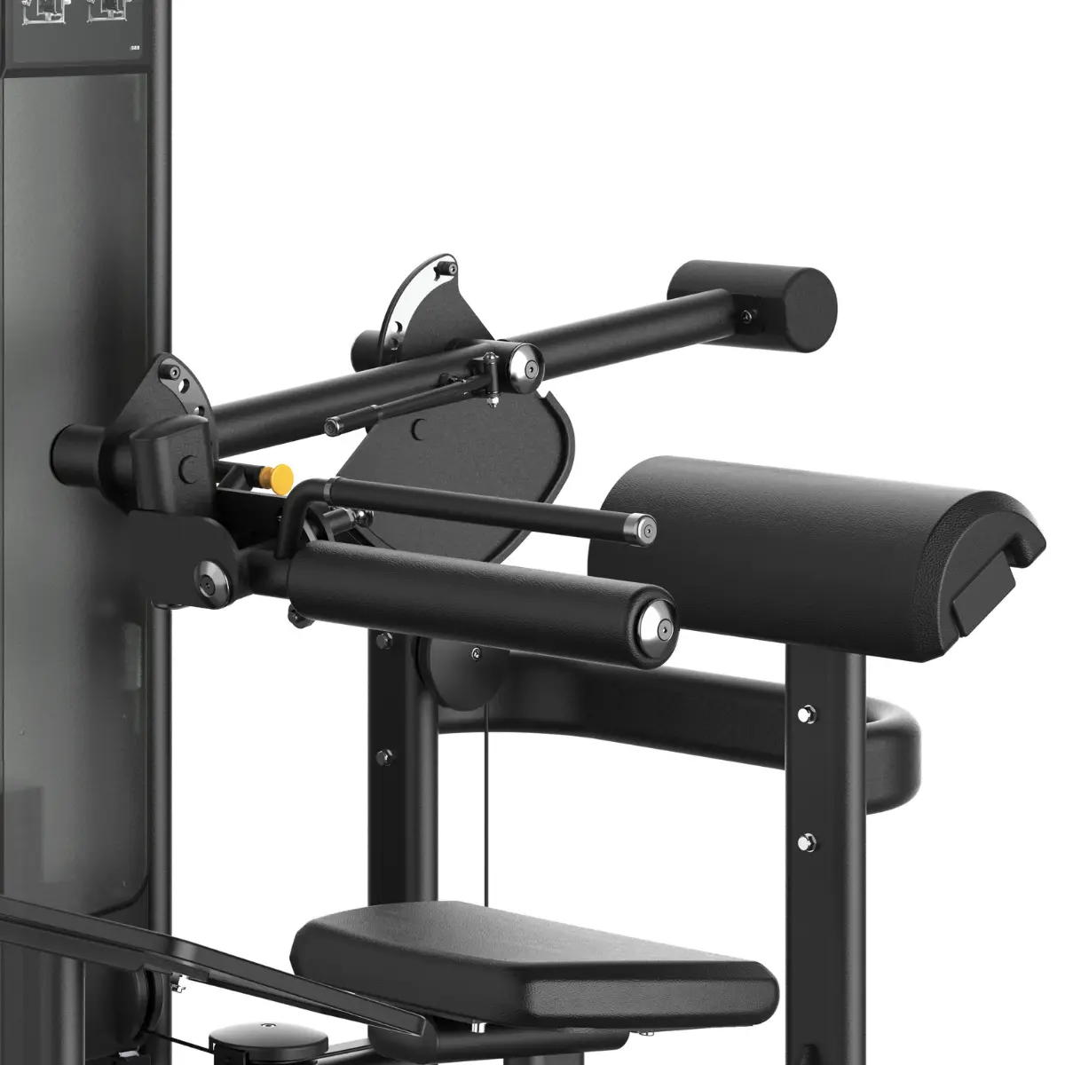Gewichts machine, zwart en grijs met arm pads, handvatten en een zitting. Gym apparatuur.