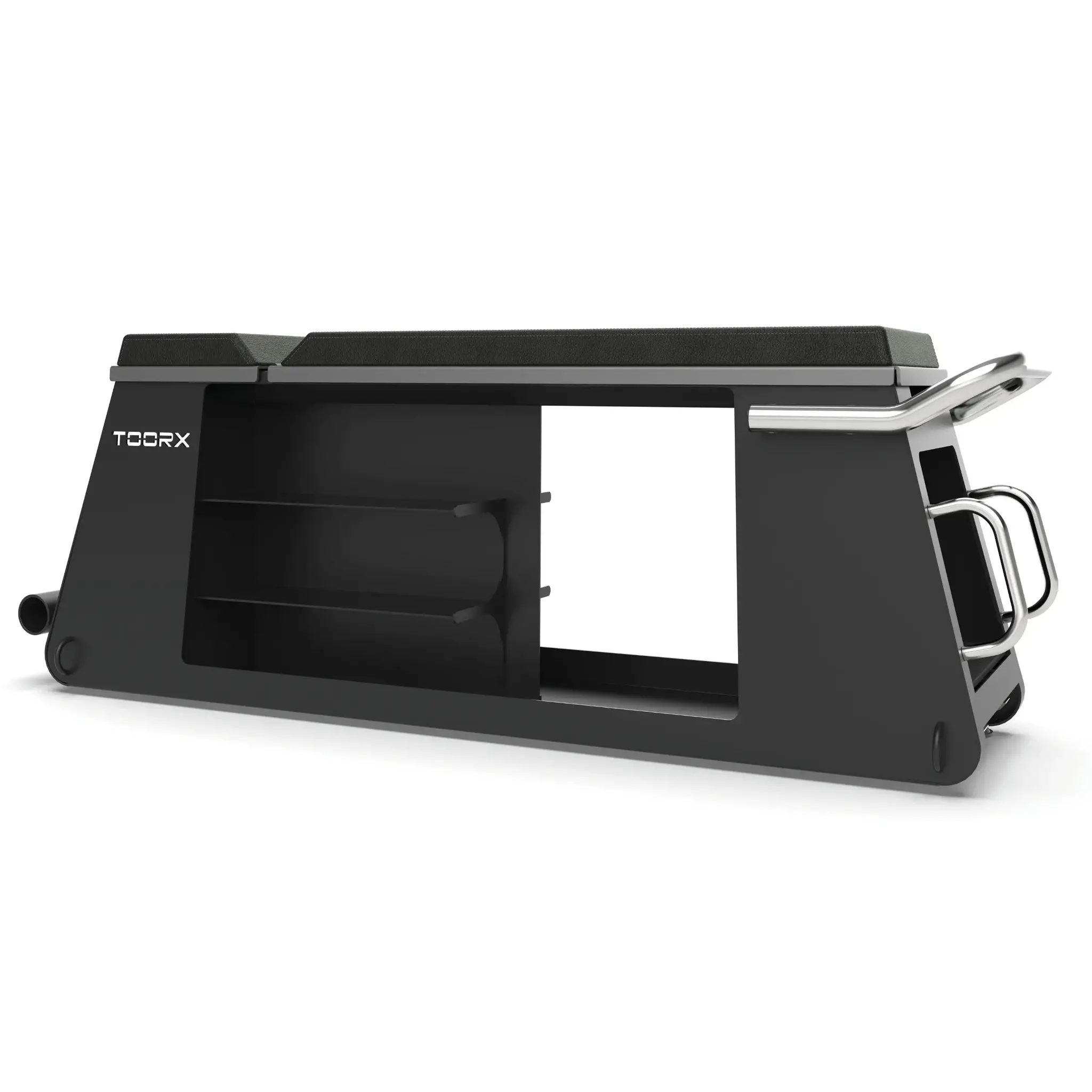 Black gym equipment with shelves, a handle, and wheels. White background.